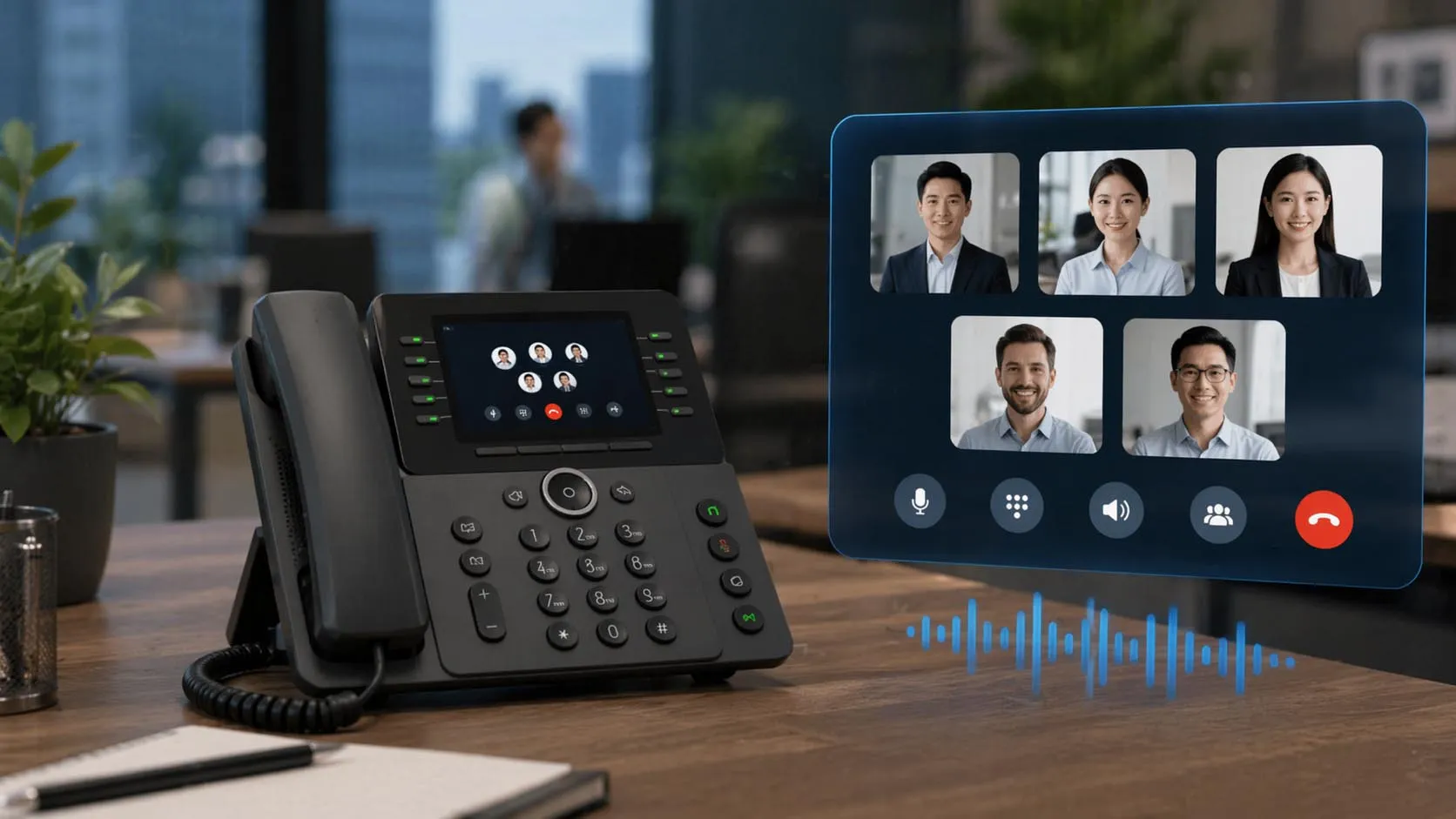 Five-party calling connecting multiple business participants through a shared audio session across desk phones, PBX platforms, and cloud communications services Five-party calling connecting multiple business participants through a shared audio session across desk phones, PBX platforms, and cloud communications services