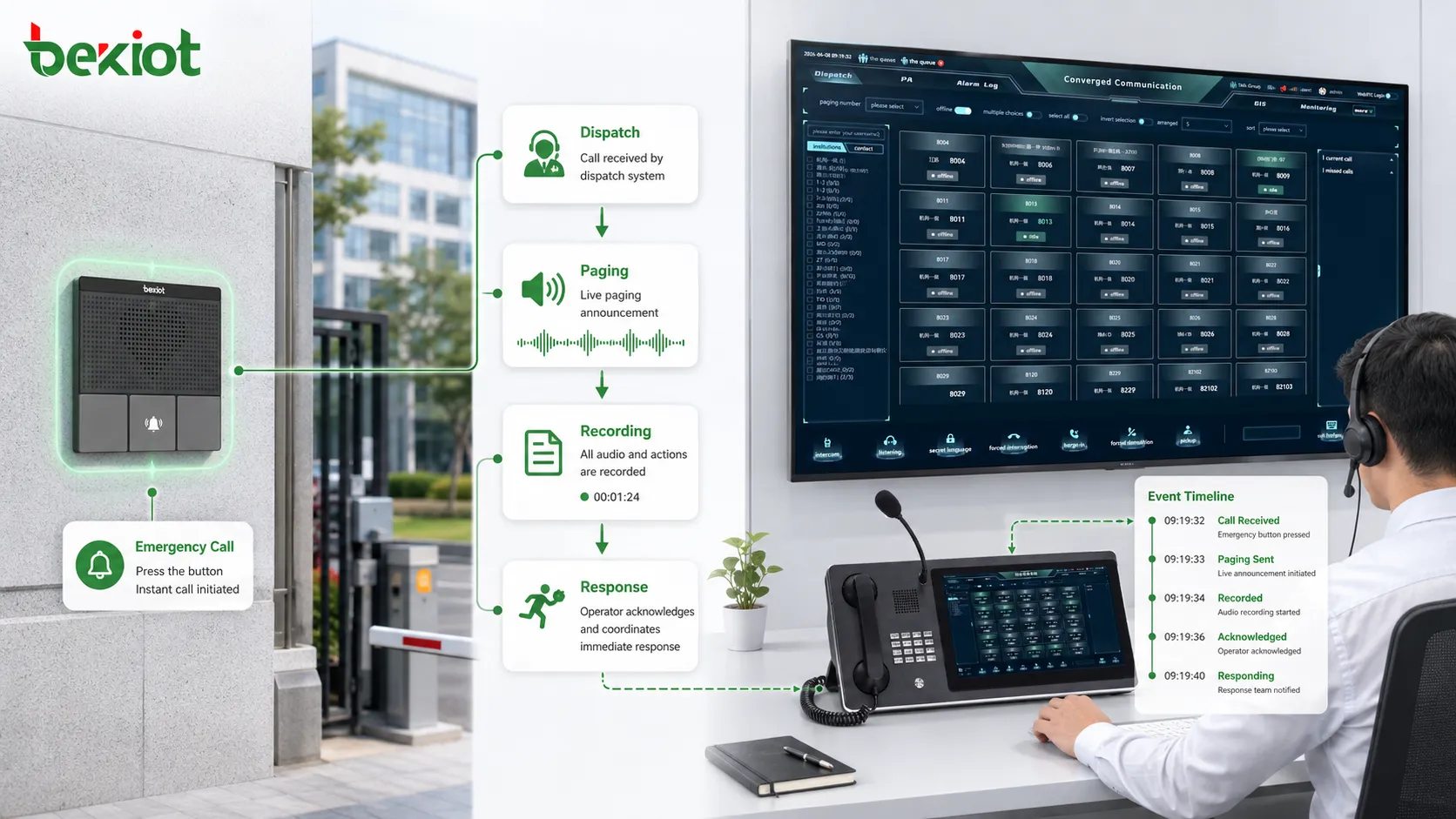 Alarm Integration communication linkage showing emergency button intercom call paging announcement dispatch notification recording and operator response workflow