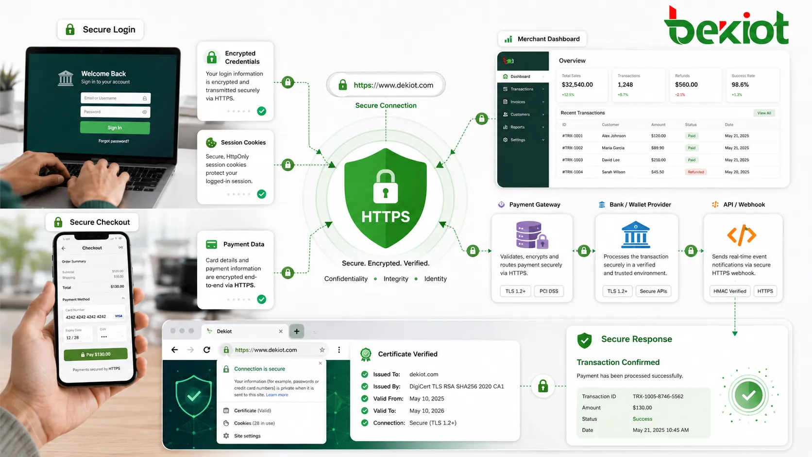 HTTPS protection for login and payment systems showing encrypted credentials session cookies payment data certificate verification and secure transaction response