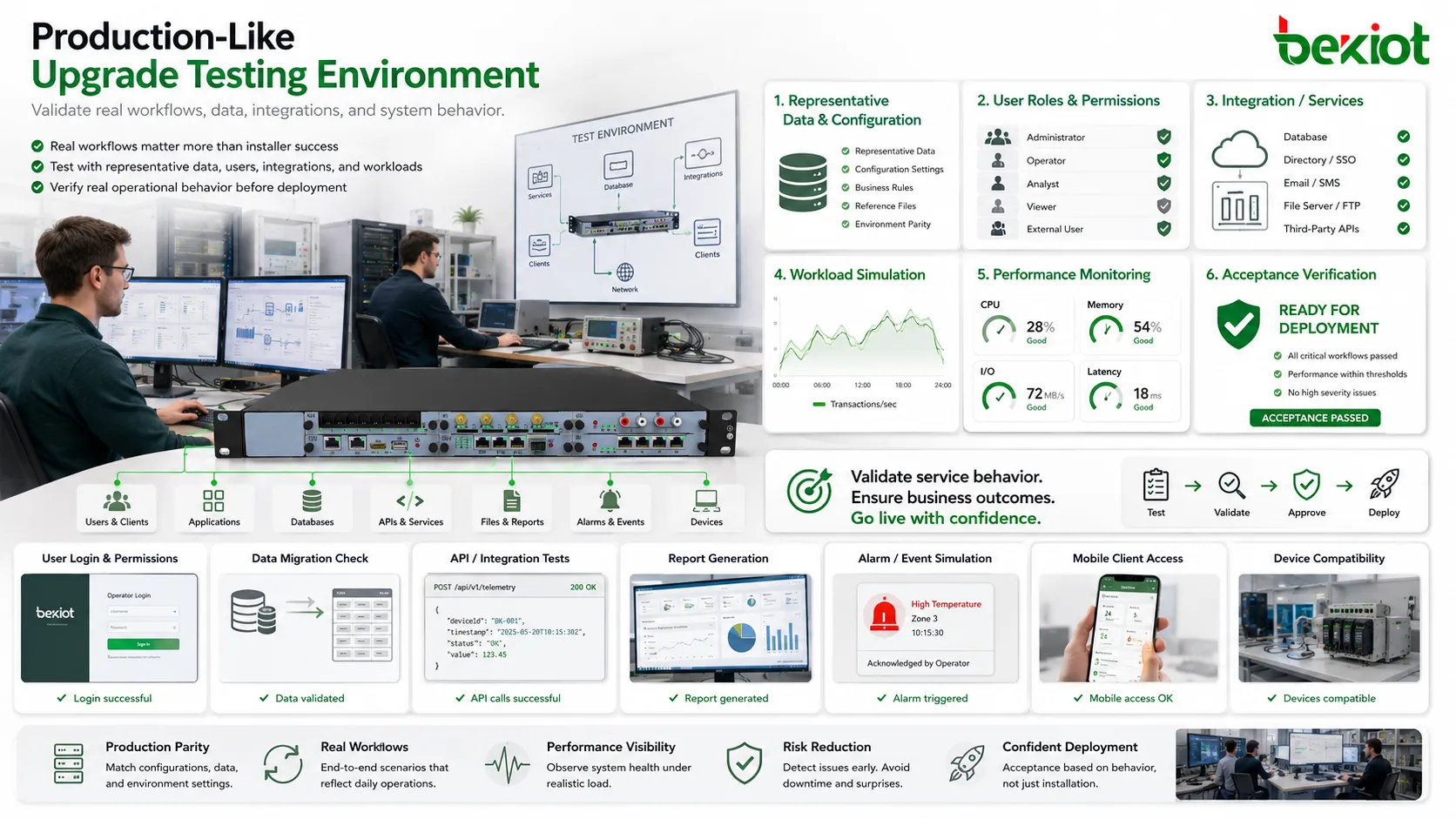 System upgrade testing environment showing production-like data user roles integrations workload simulation and acceptance verification