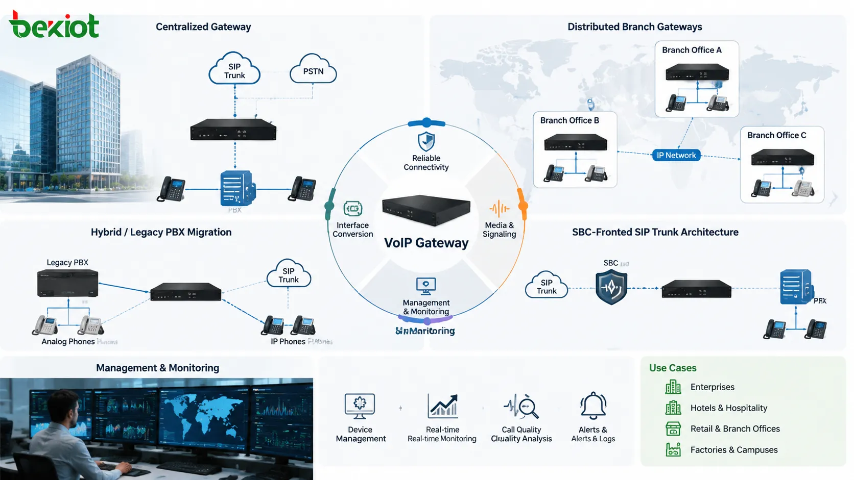 VoIP Gateway deployment patterns with centralized gateway distributed branches hybrid migration and SBC-fronted SIP trunk architecture