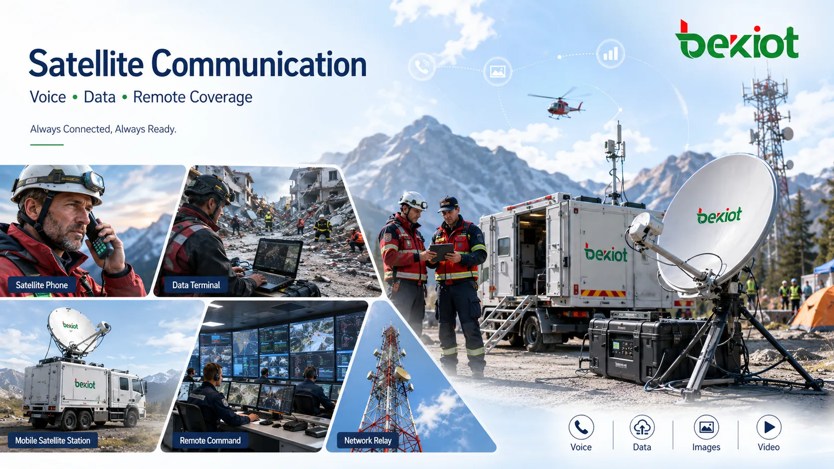 Portable satellite communication equipment deployed in a remote disaster response area for voice and data transmission