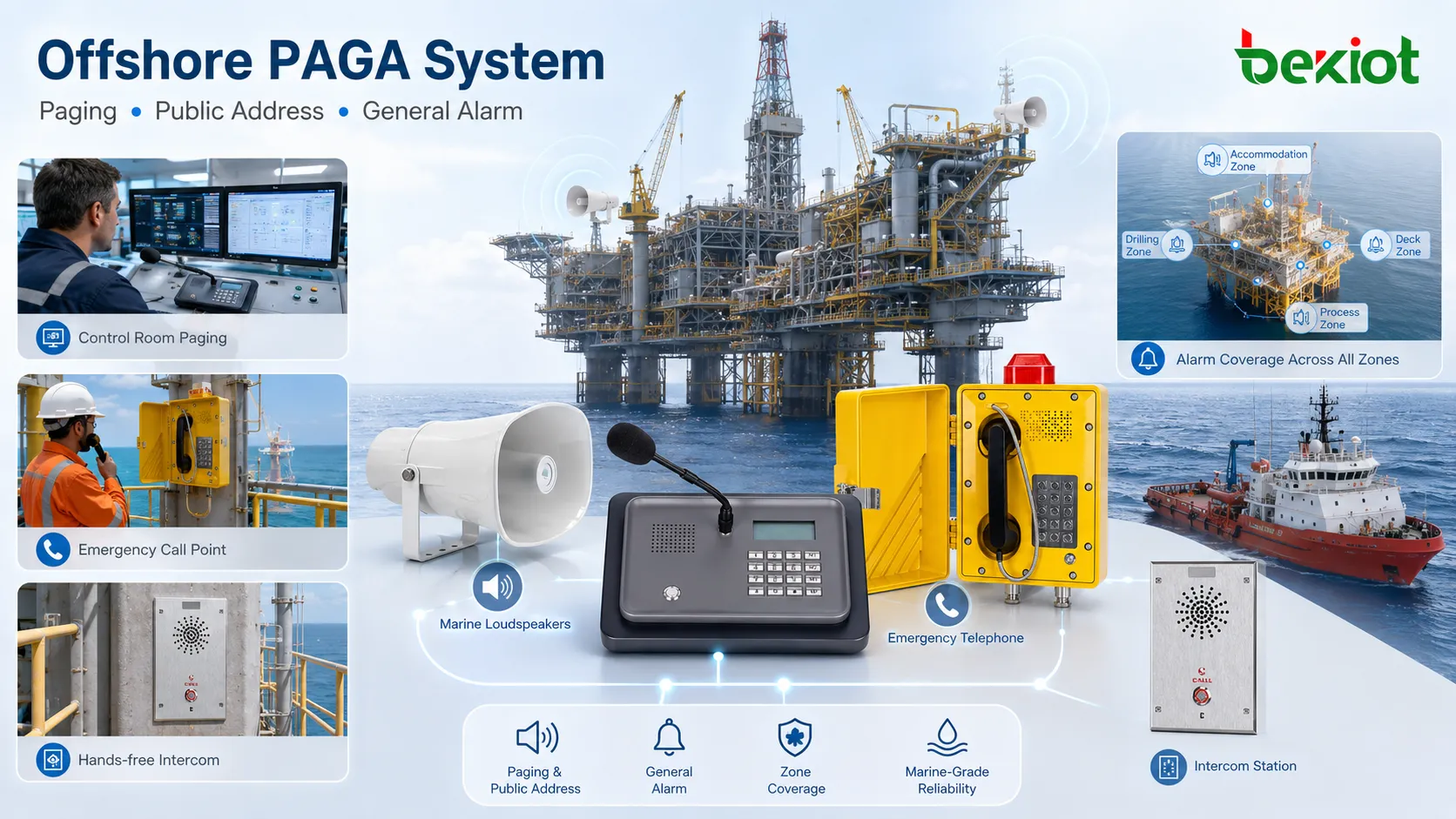 Offshore platform PAGA system overview showing control room paging, marine loudspeakers, industrial telephones, and emergency alarm coverage across multiple operating areas