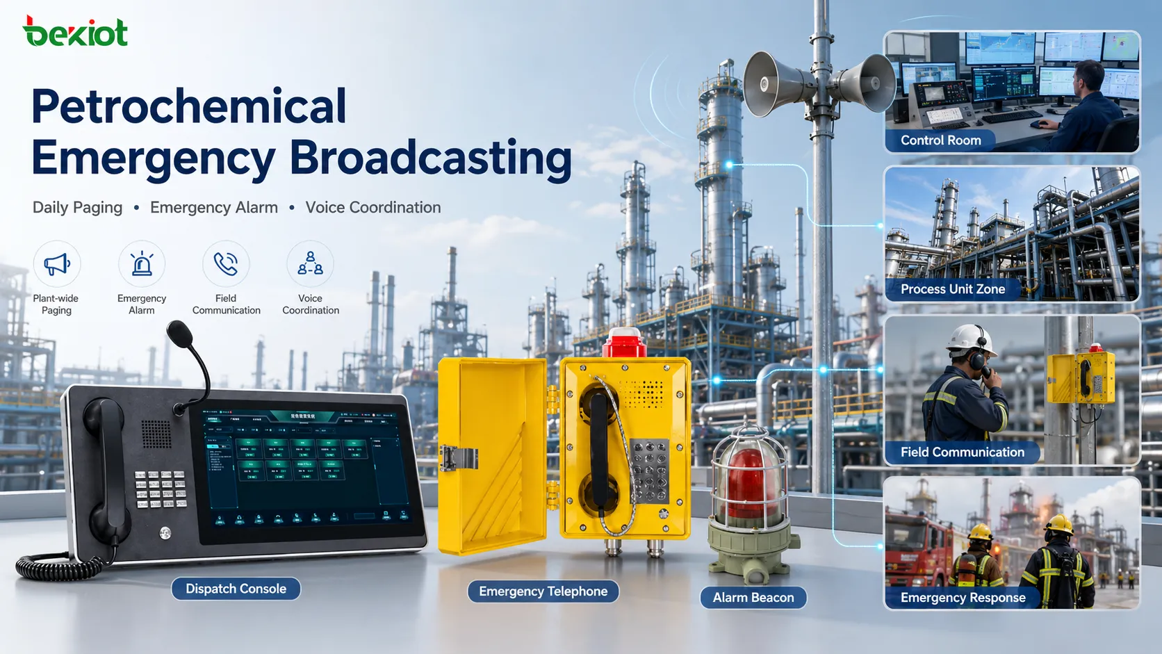 Becke Telcom petrochemical PAGA platform across processing units, storage areas, and control zones