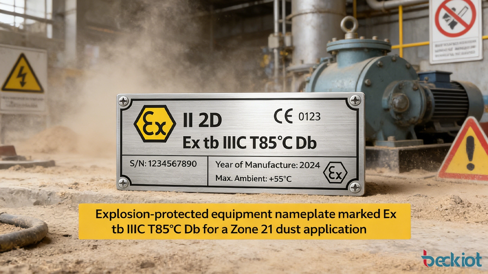 Illustration of an explosion-protected equipment nameplate marked Ex tb IIIC T85°C Db for a Zone 21 dust application