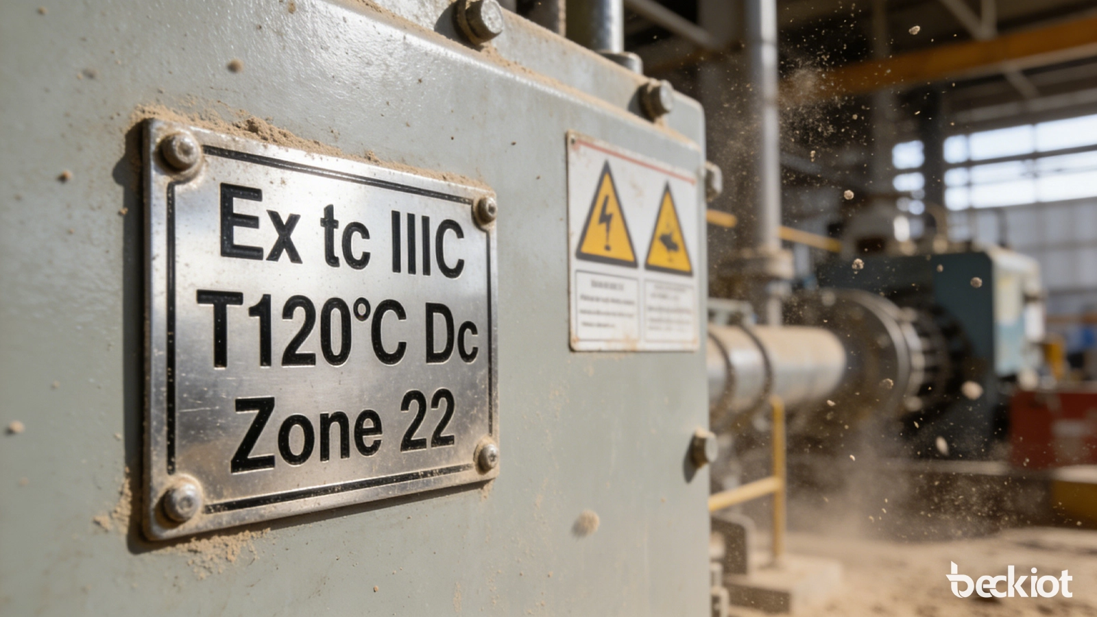 Example of a dust-certified equipment nameplate showing Ex tc IIIC T120°C Dc marking for Zone 22 use