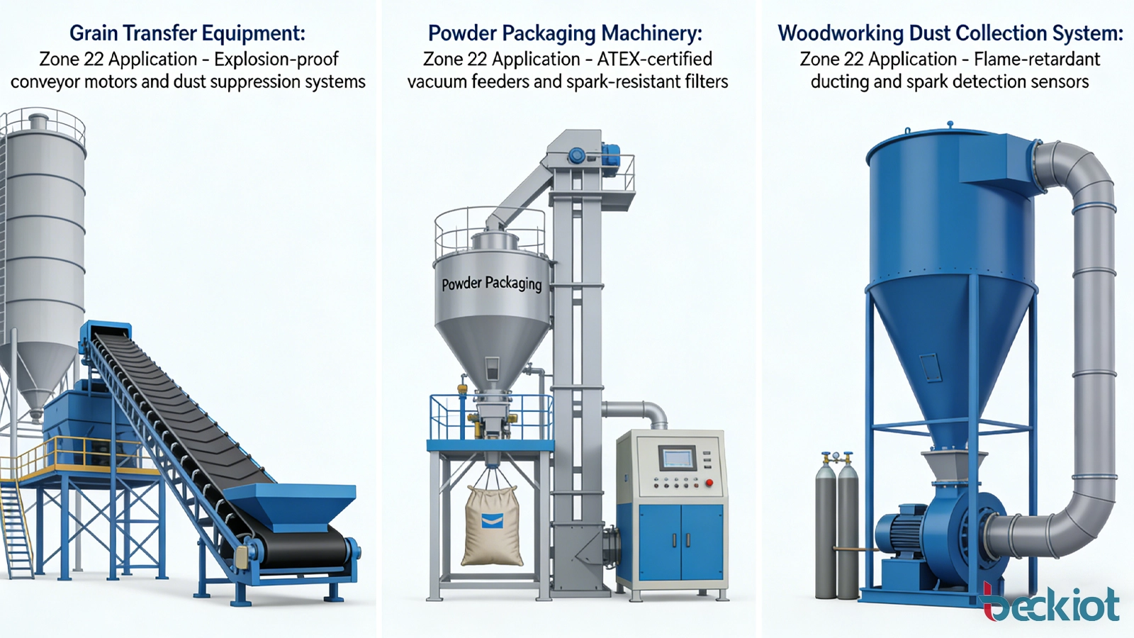 Industrial examples of Zone 22 applications around grain transfer equipment, powder packaging machinery, and woodworking dust collection systems