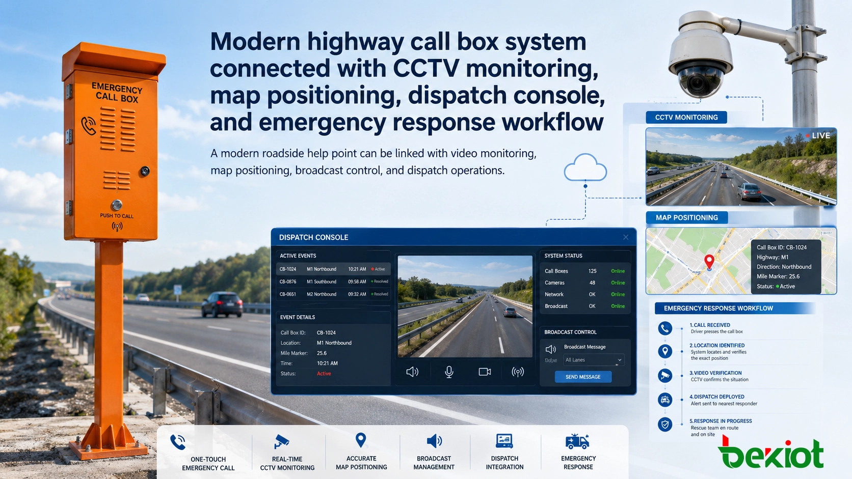 Modern highway call box system connected with CCTV monitoring, map positioning, dispatch console, and emergency response workflow