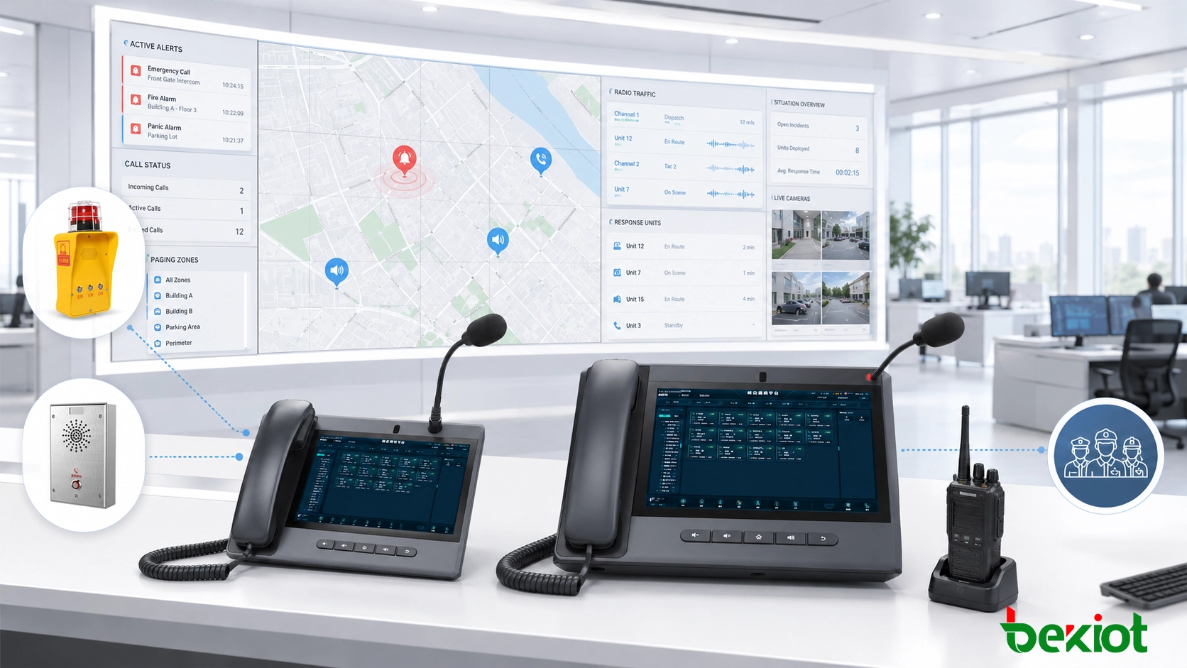 Integrated emergency dispatch center coordinating calls, alarms, radio traffic, and response teams