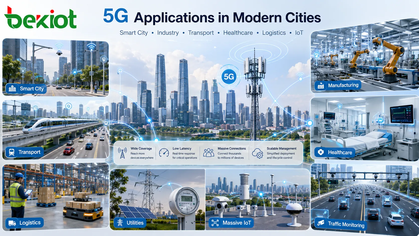 Diagram of 5G architecture showing user equipment, gNodeB radio access, transport network, service-based core functions, and connection to cloud and enterprise applications
