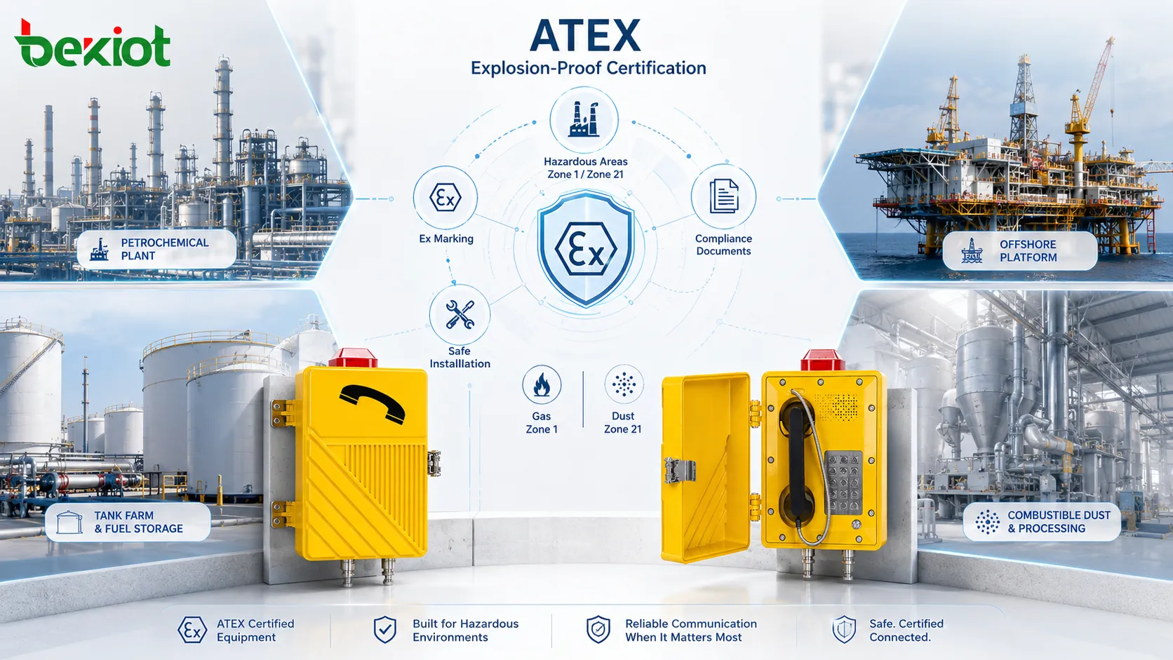 ATEX explosion-proof certification overview with hazardous area zones, Ex marking, and compliance documents