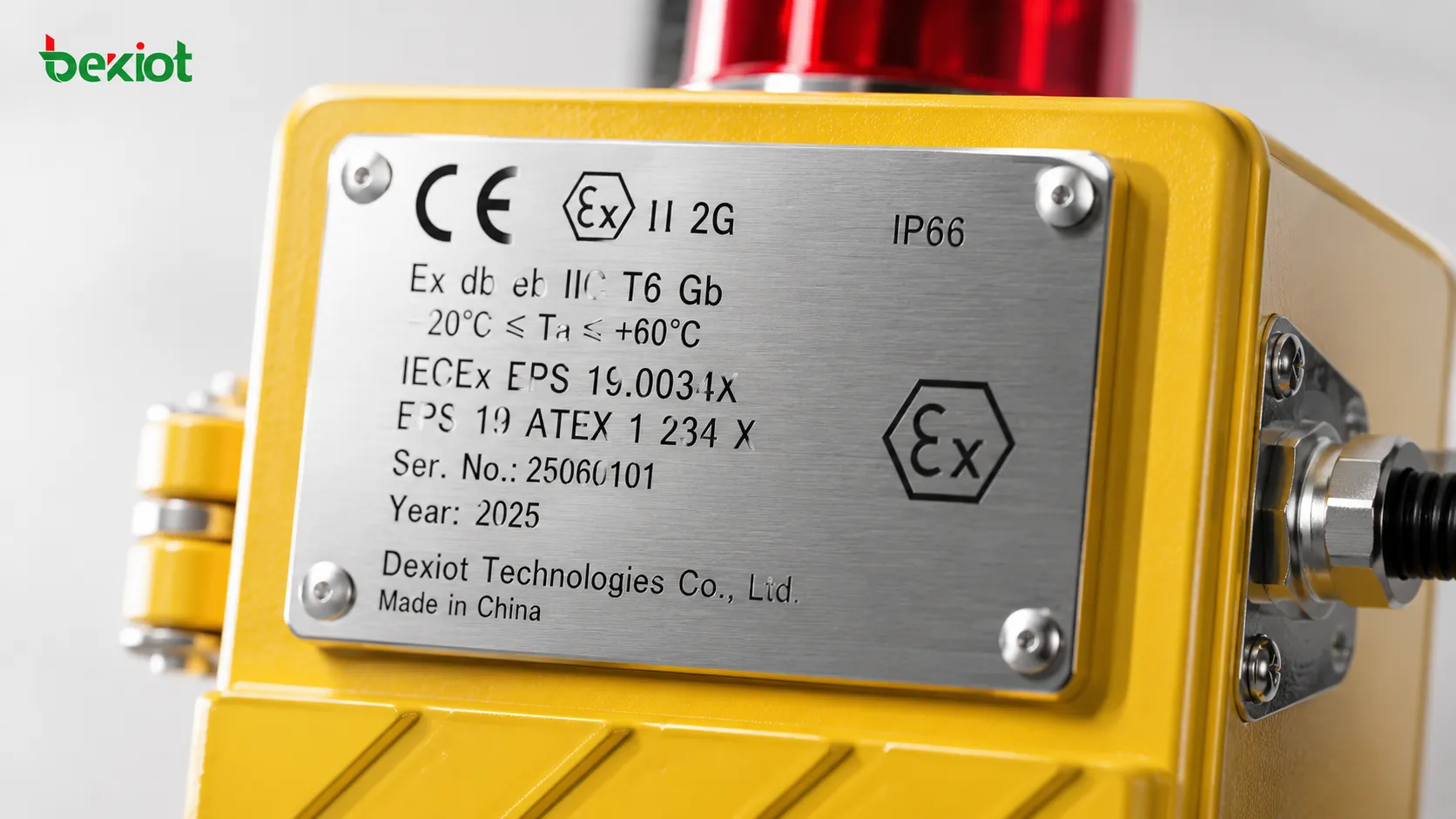 ATEX equipment nameplate showing CE mark, Ex symbol, II 2G, Ex db eb IIC T6 Gb, and ambient temperature range