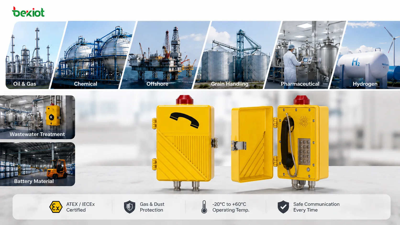 ATEX-certified equipment used in petrochemical, grain handling, pharmaceutical powder, hydrogen, and battery material facilities