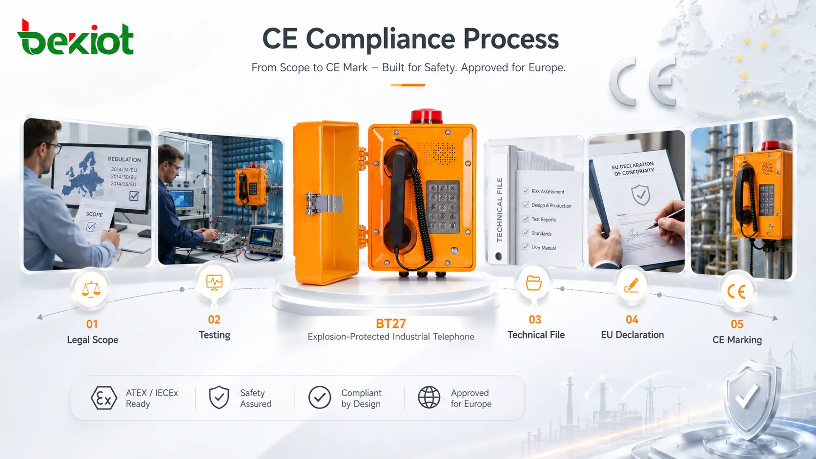 CE compliance process from legal scope review to testing, documentation, declaration, and marking