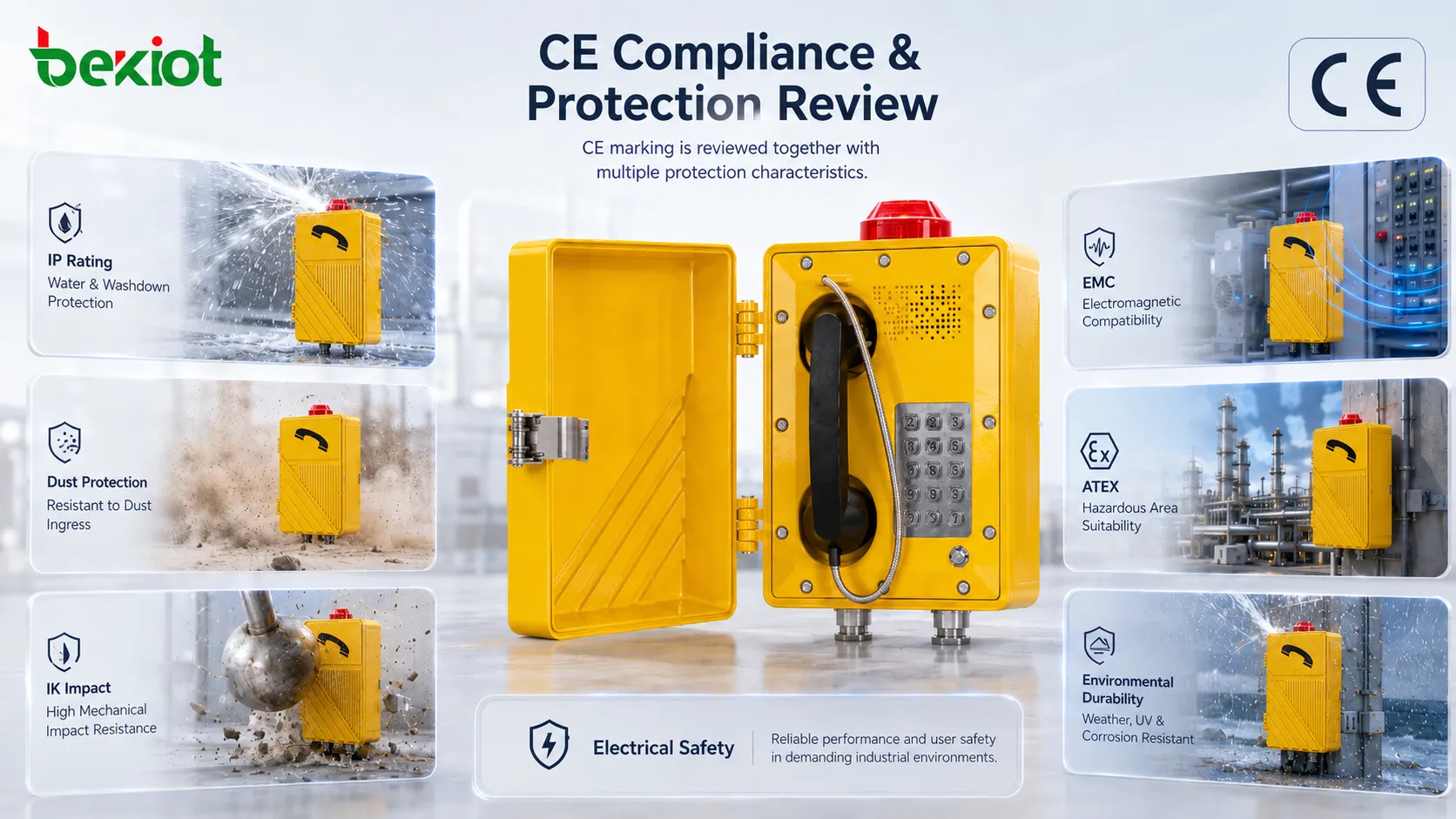 Industrial device label showing CE marking together with IP rating, EMC compliance, and ATEX information
