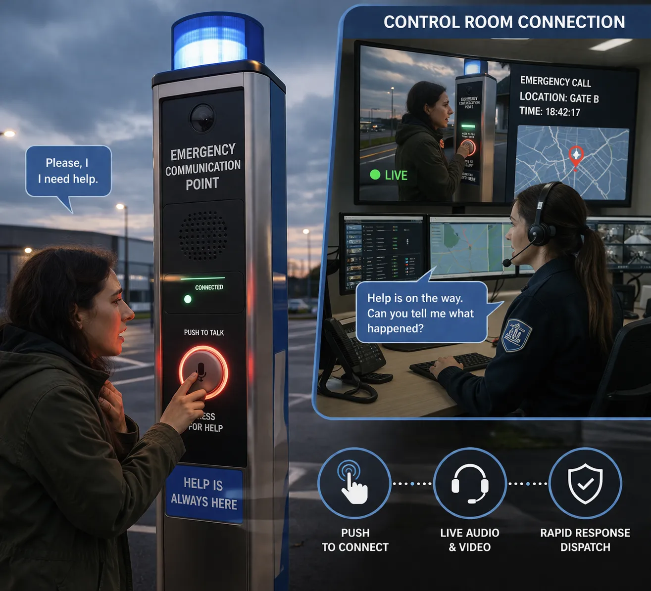 Emergency communication point connecting a distressed person with a control room for rapid incident reporting