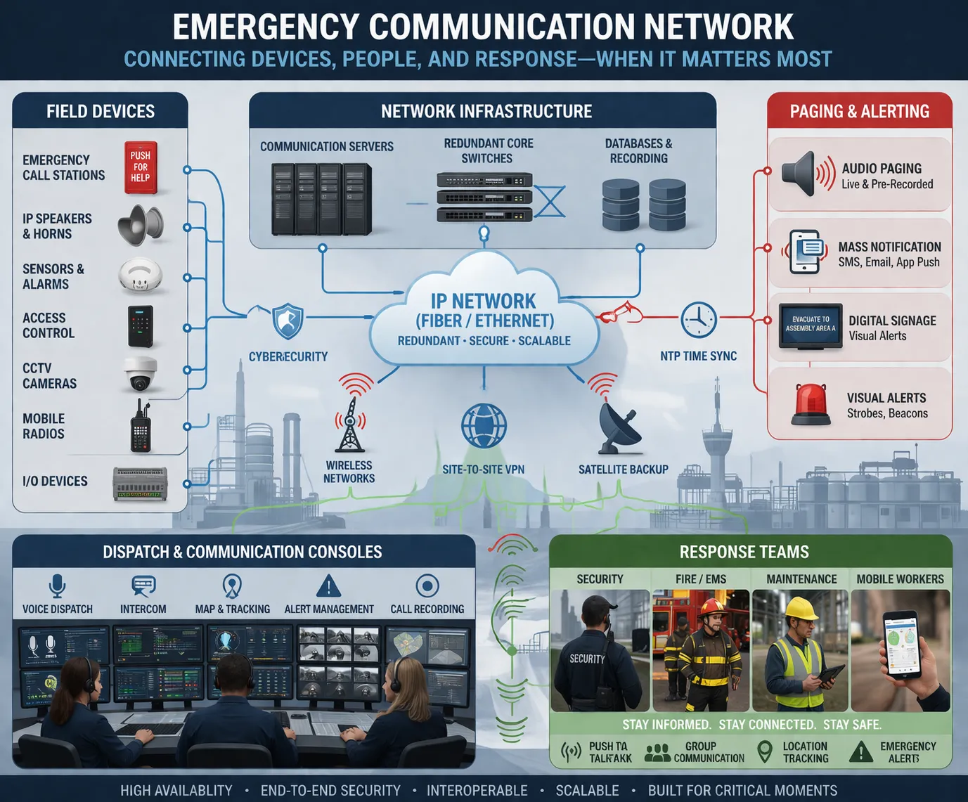 Emergency communication network linking field devices, paging, dispatch consoles, and response teams across a large site