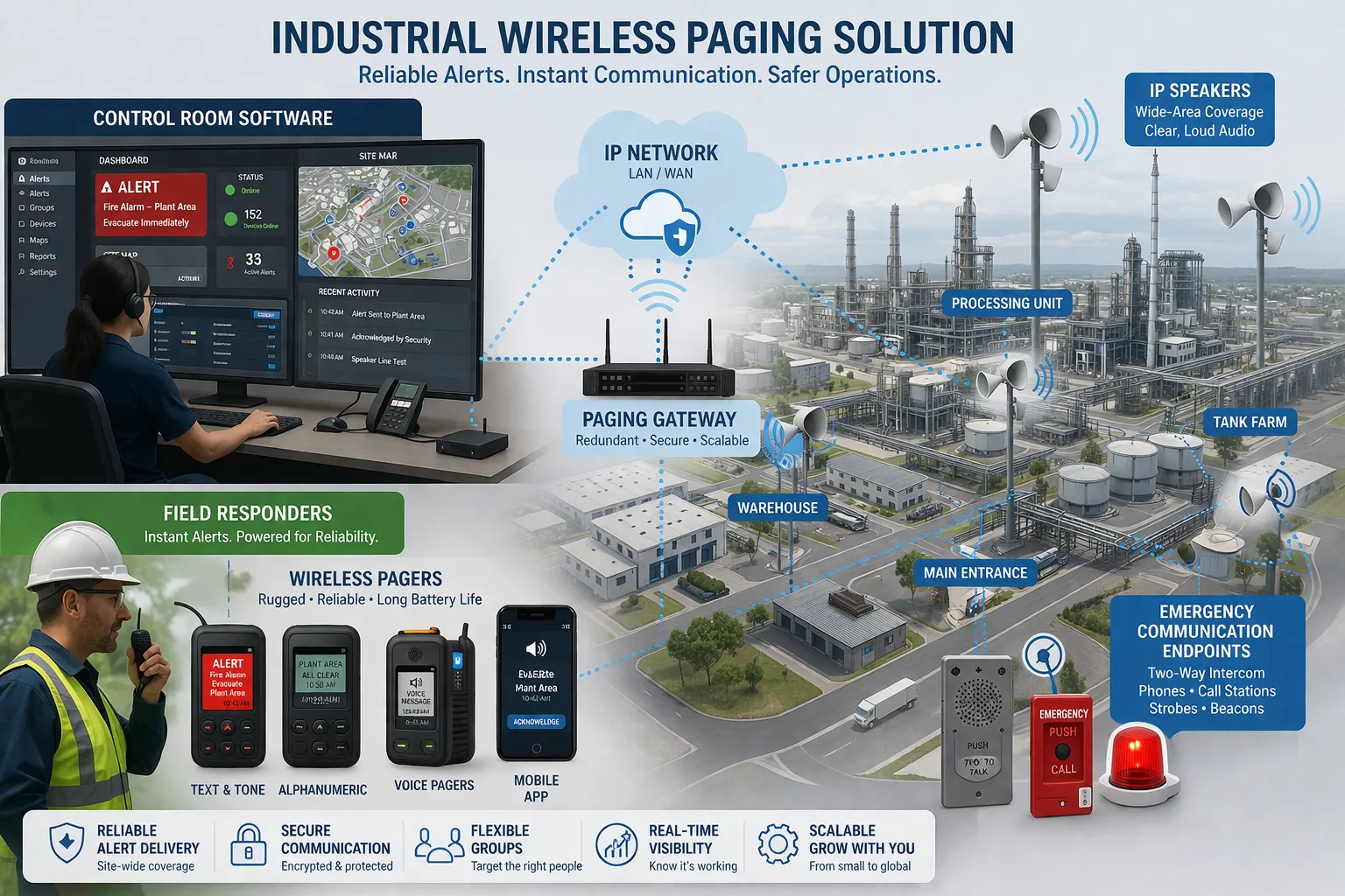 Industrial wireless paging solution with control room field responders pagers IP speakers and emergency communication endpoints
