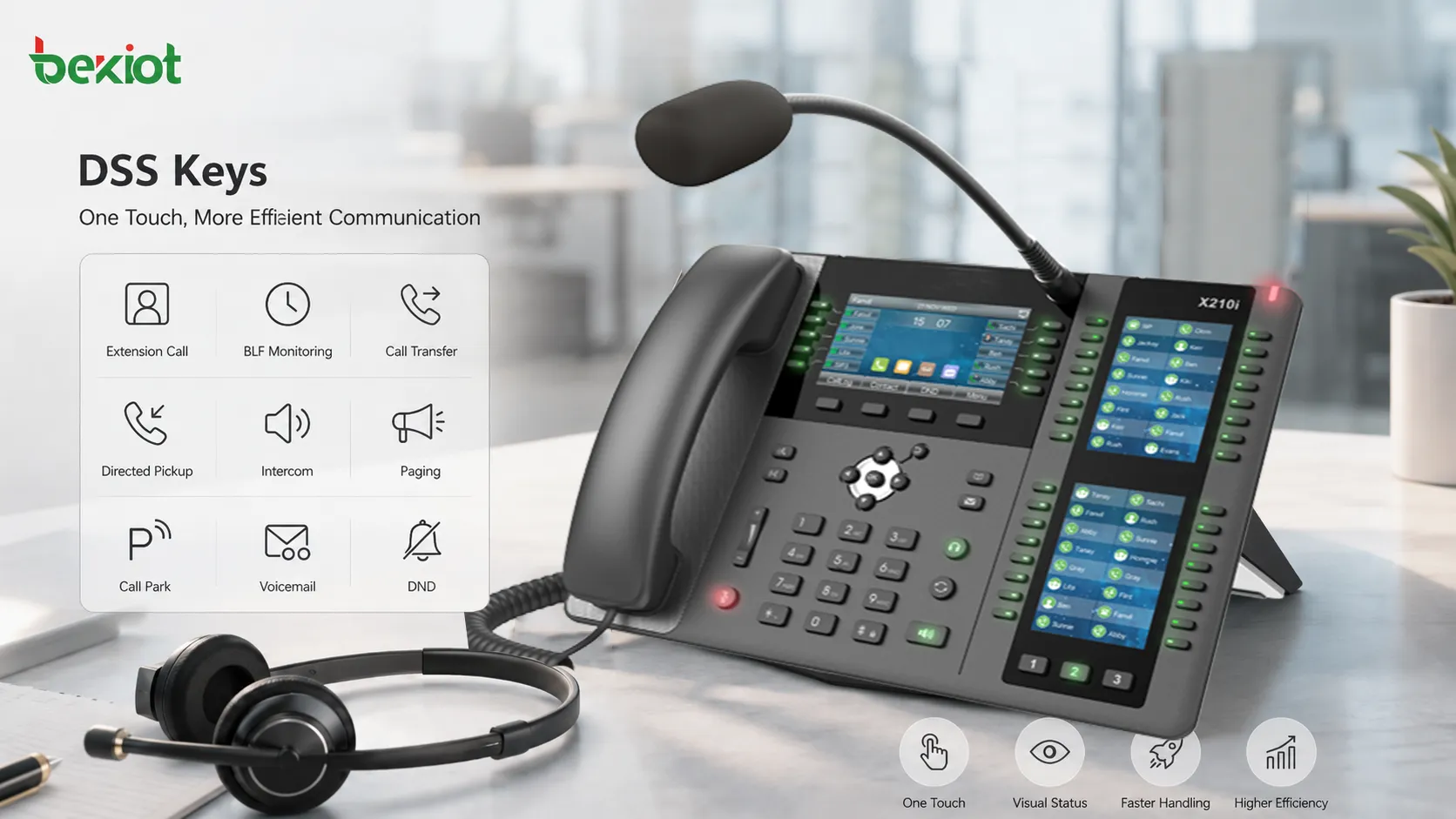Business IP phone with DSS keys for direct station selection, BLF monitoring, call transfer, and one-touch VoIP call control