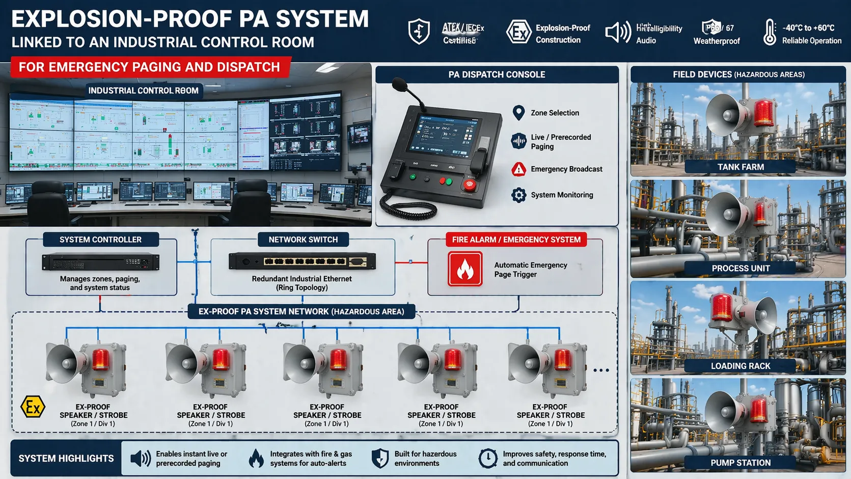 Explosion proof PA system linked to an industrial control room for emergency paging intercom and dispatch coordination