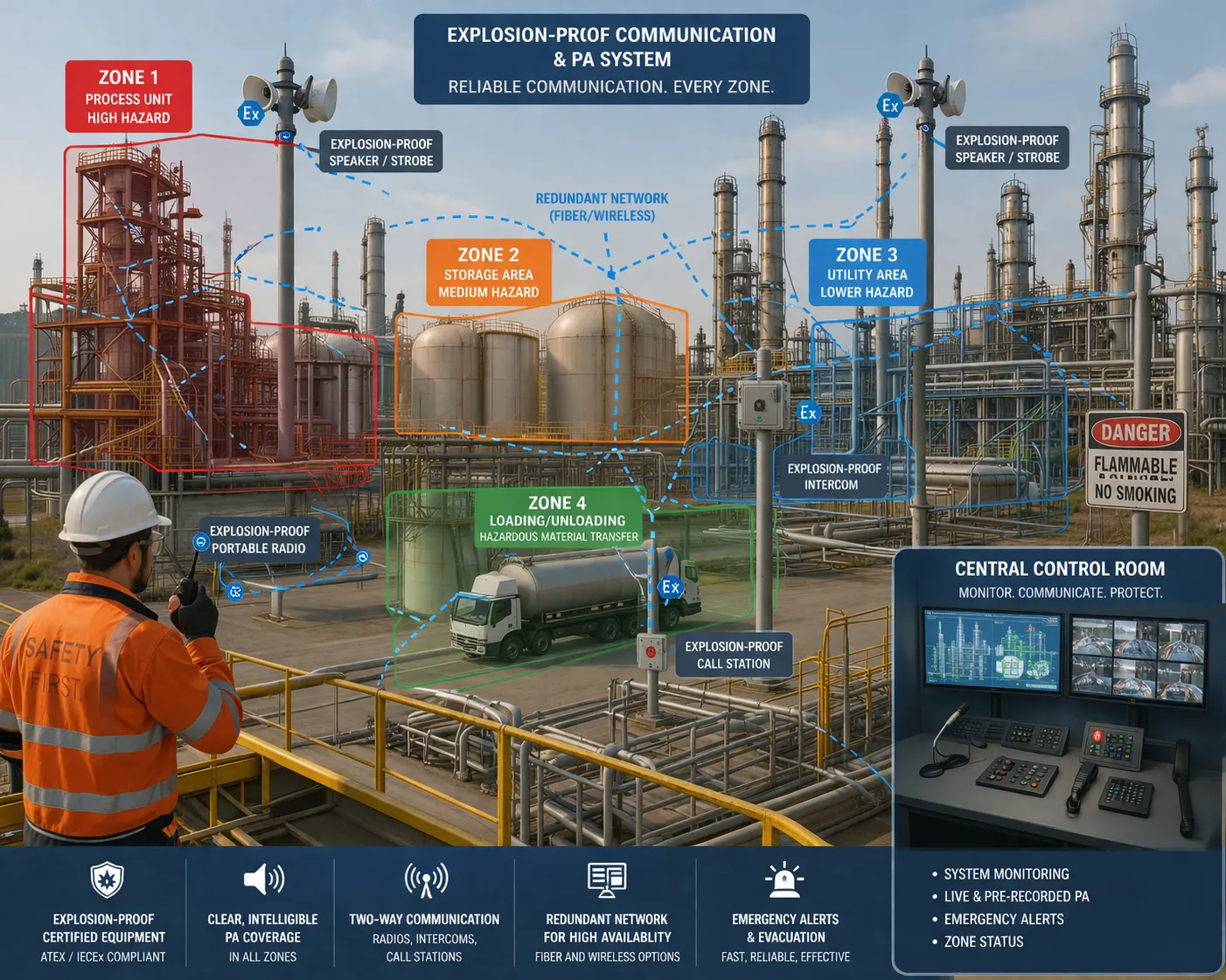 Hazardous industrial area with explosion proof communication terminals and PA coverage across multiple operating zones