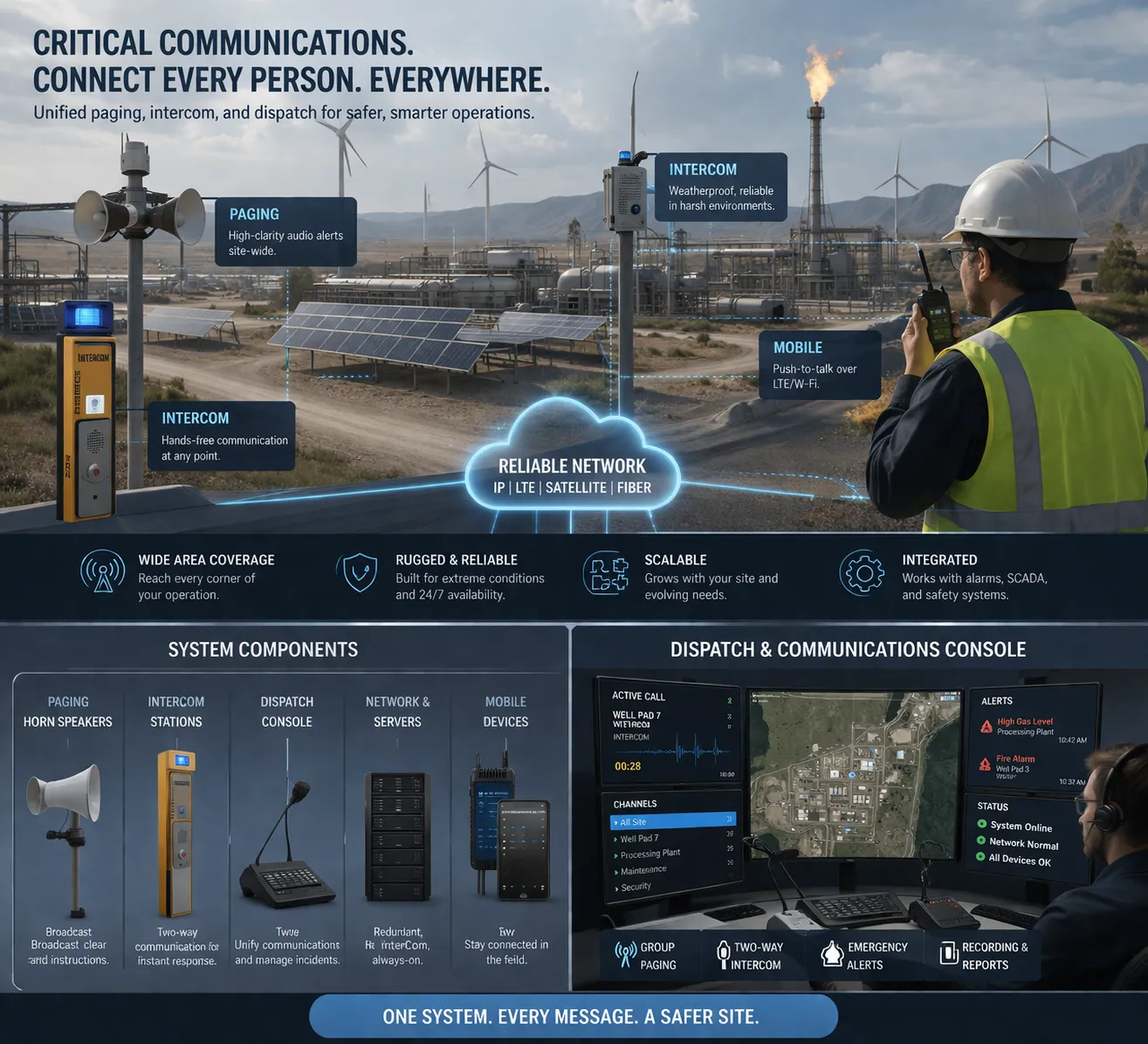 Industrial emergency communication solution with paging intercom dispatch and mobile response across a remote energy site