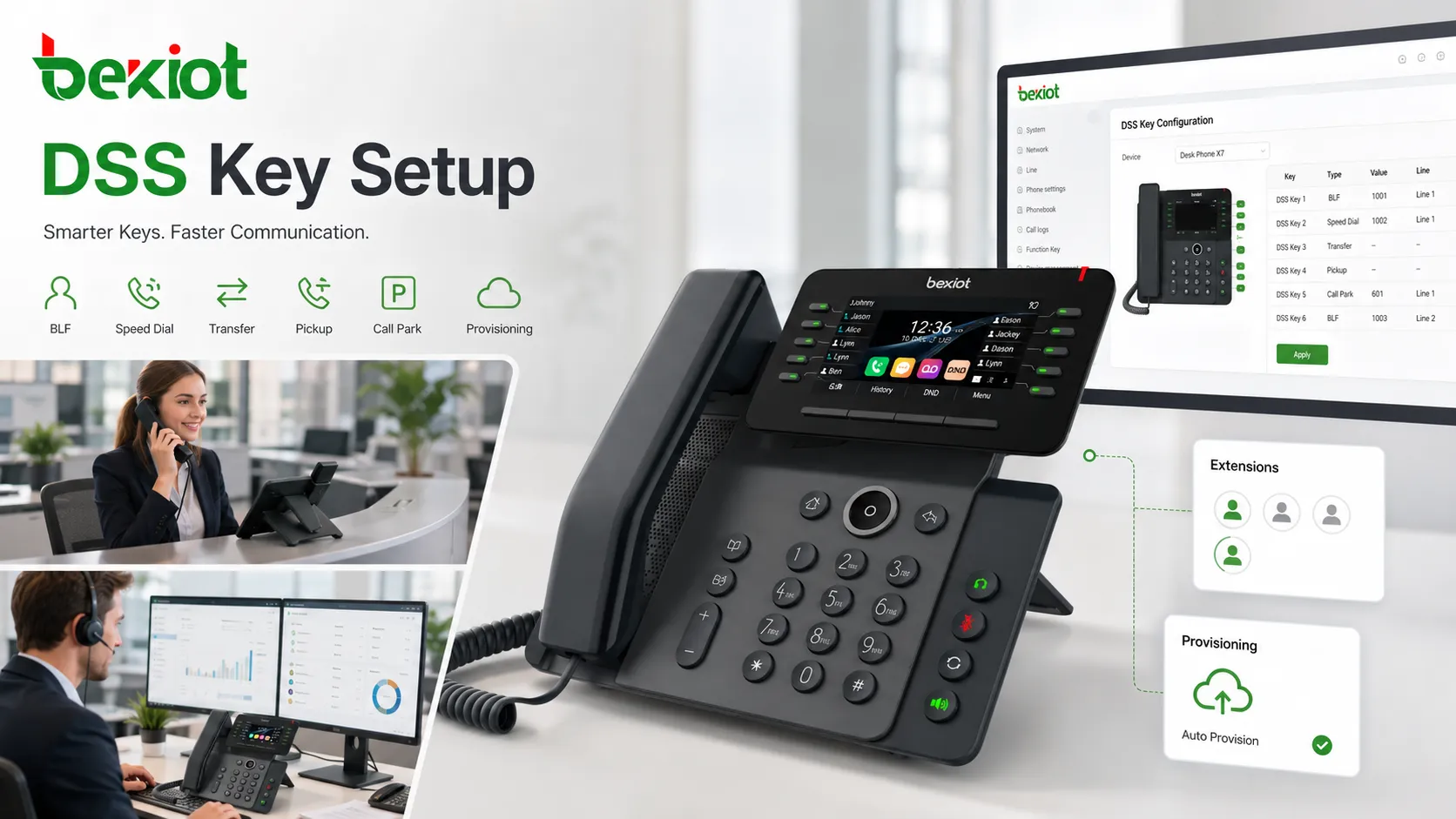 Administrator configuring DSS keys on an IP phone web interface for BLF, speed dial, transfer, pickup, and monitored extensions