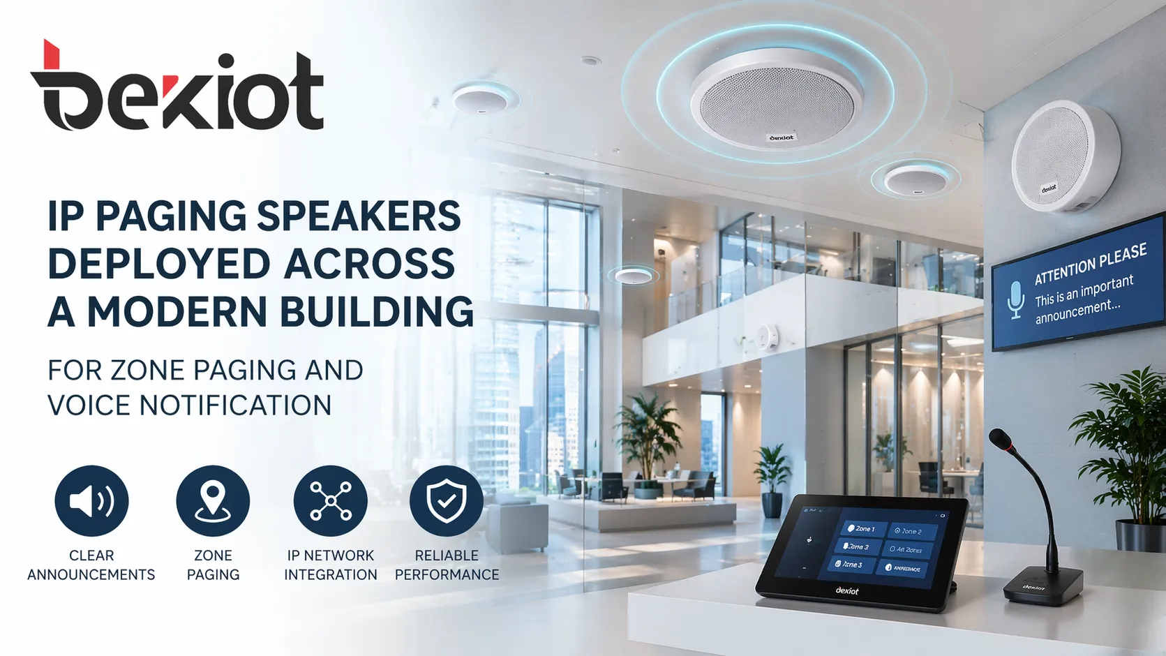 IP paging speakers deployed across a modern building for zone paging and voice notification