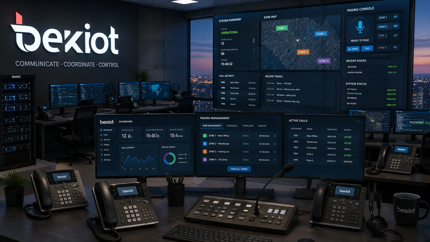 Centralized paging phone system control room with SIP phones dispatch screens and zone based announcement management