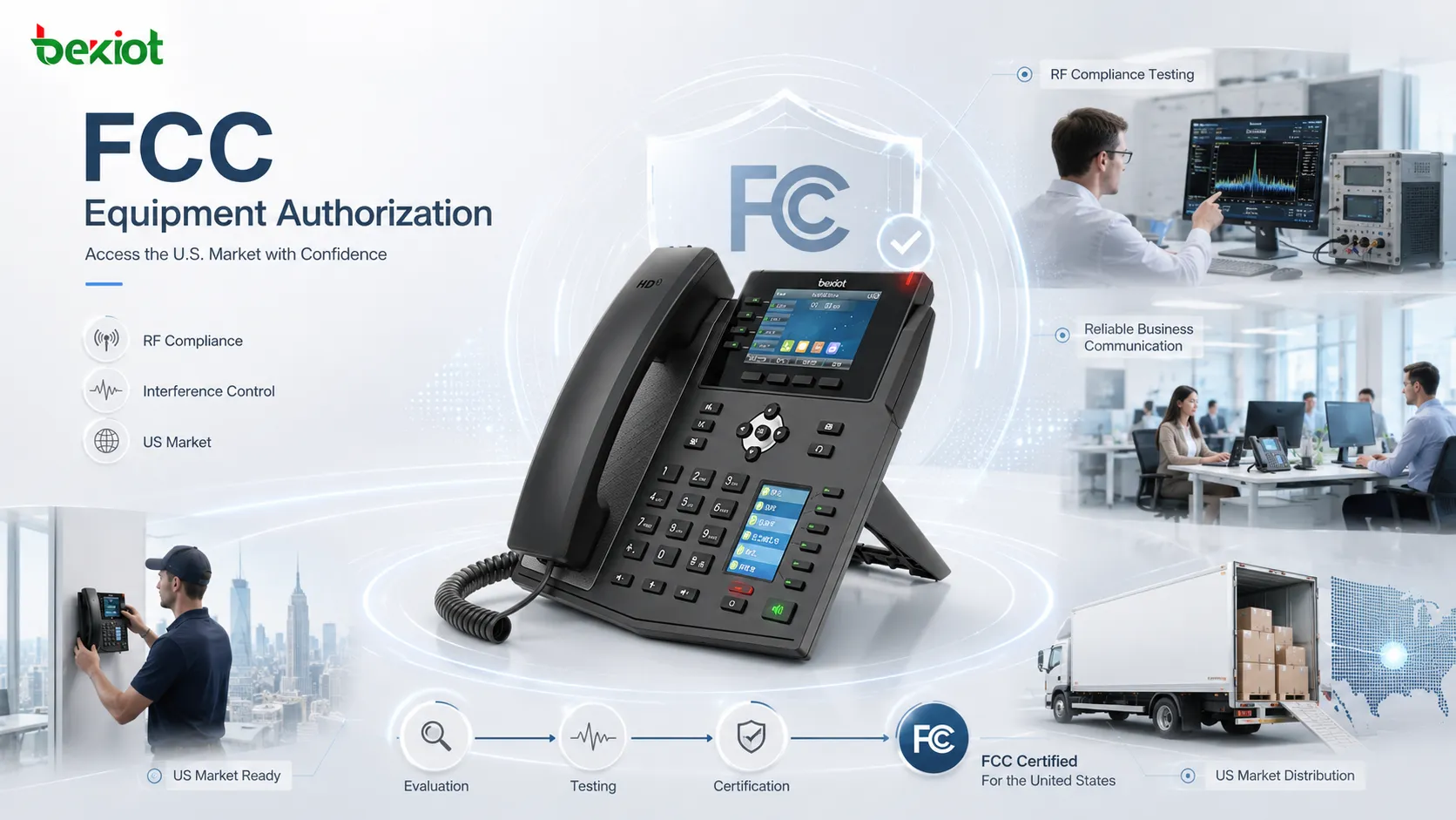 Concept illustration of wireless and electronic devices undergoing FCC compliance review for the United States market