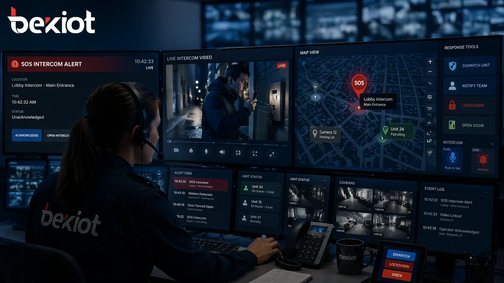 Control room operator receiving an SOS intercom event with linked video window map display and emergency response tools