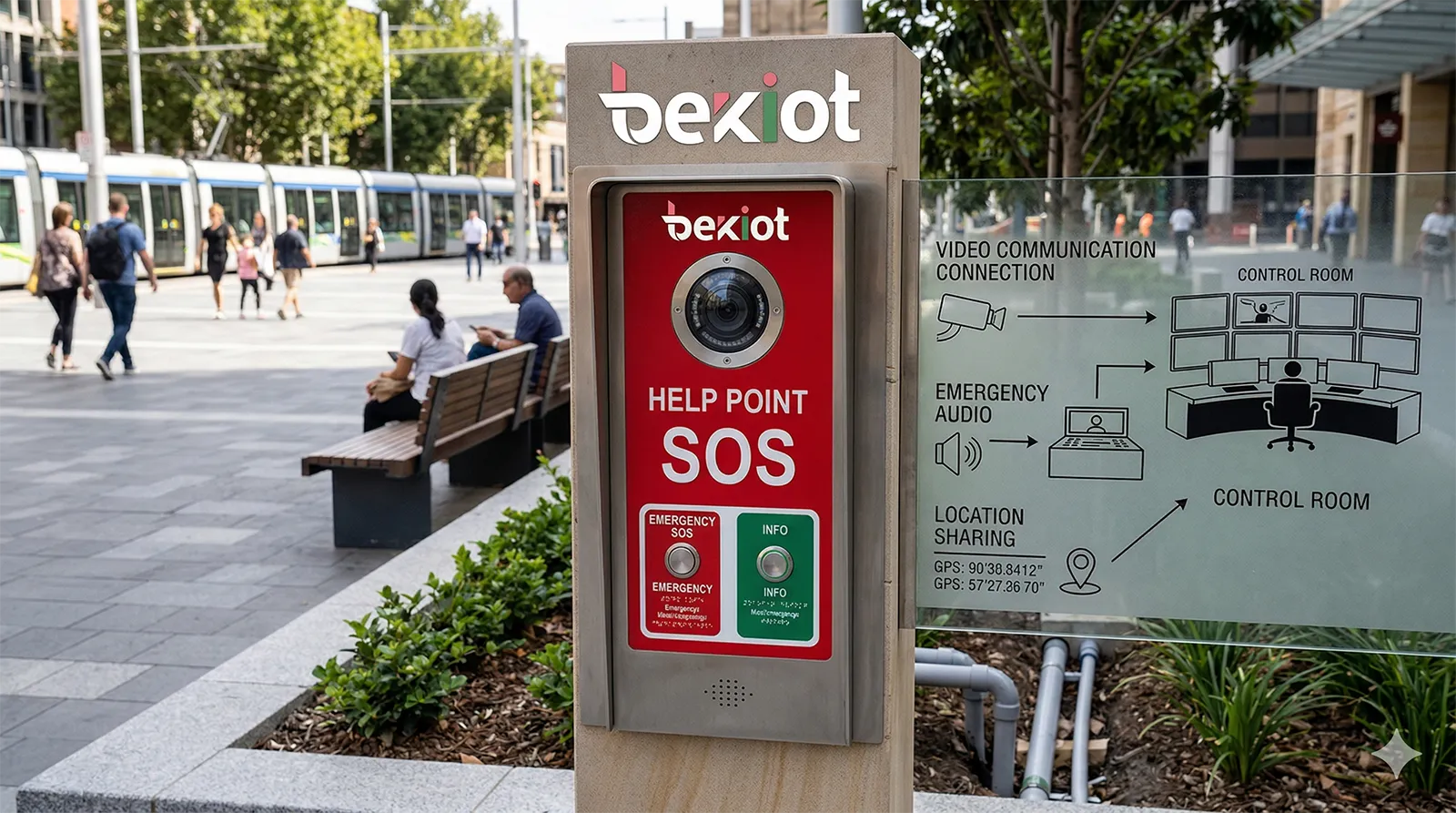 SOS intercom help point installed in a public outdoor area with video camera and emergency communication connection to a control room