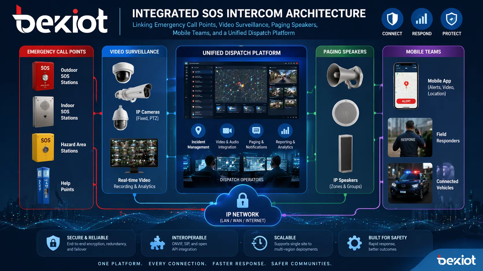 Integrated SOS intercom architecture linking emergency call points video surveillance paging speakers mobile teams and a unified dispatch platform
