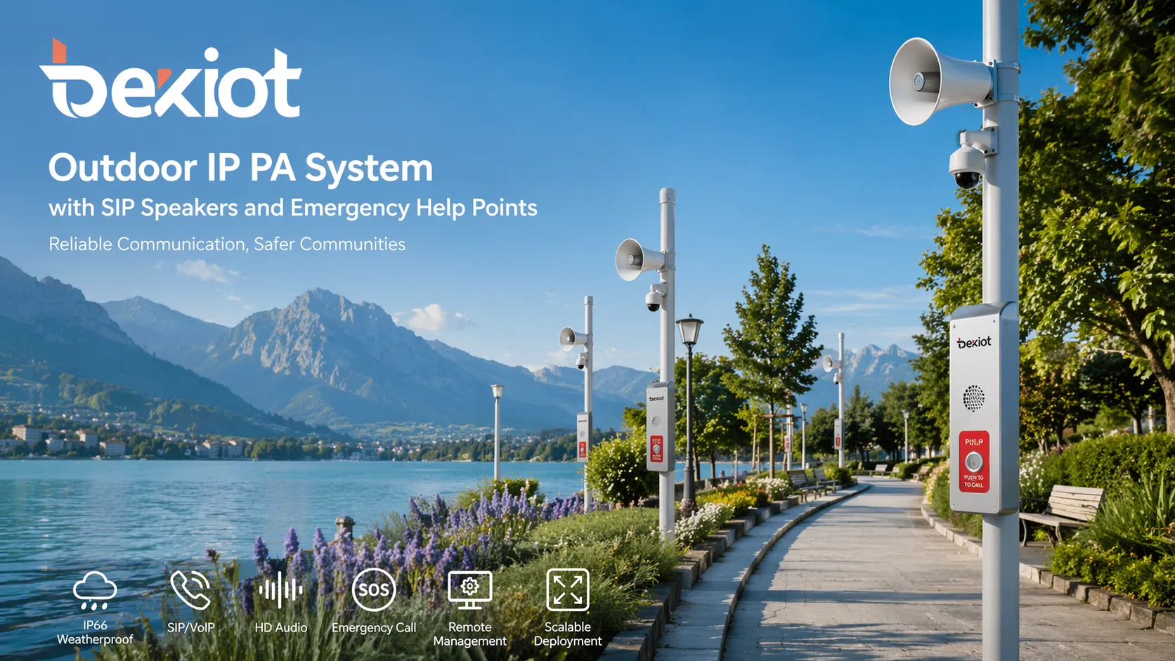 Outdoor IP PA system with SIP speakers and emergency help points deployed across scenic area public walkways and open spaces