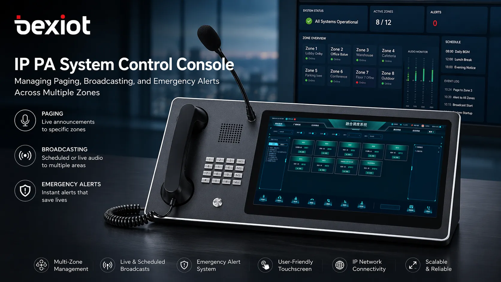 IP PA system control console managing paging broadcasting and emergency alerts across multiple zones