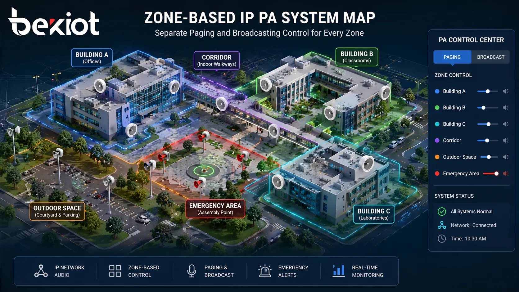 Zone based IP PA system map showing paging and broadcasting control for buildings corridors outdoor spaces and emergency areas