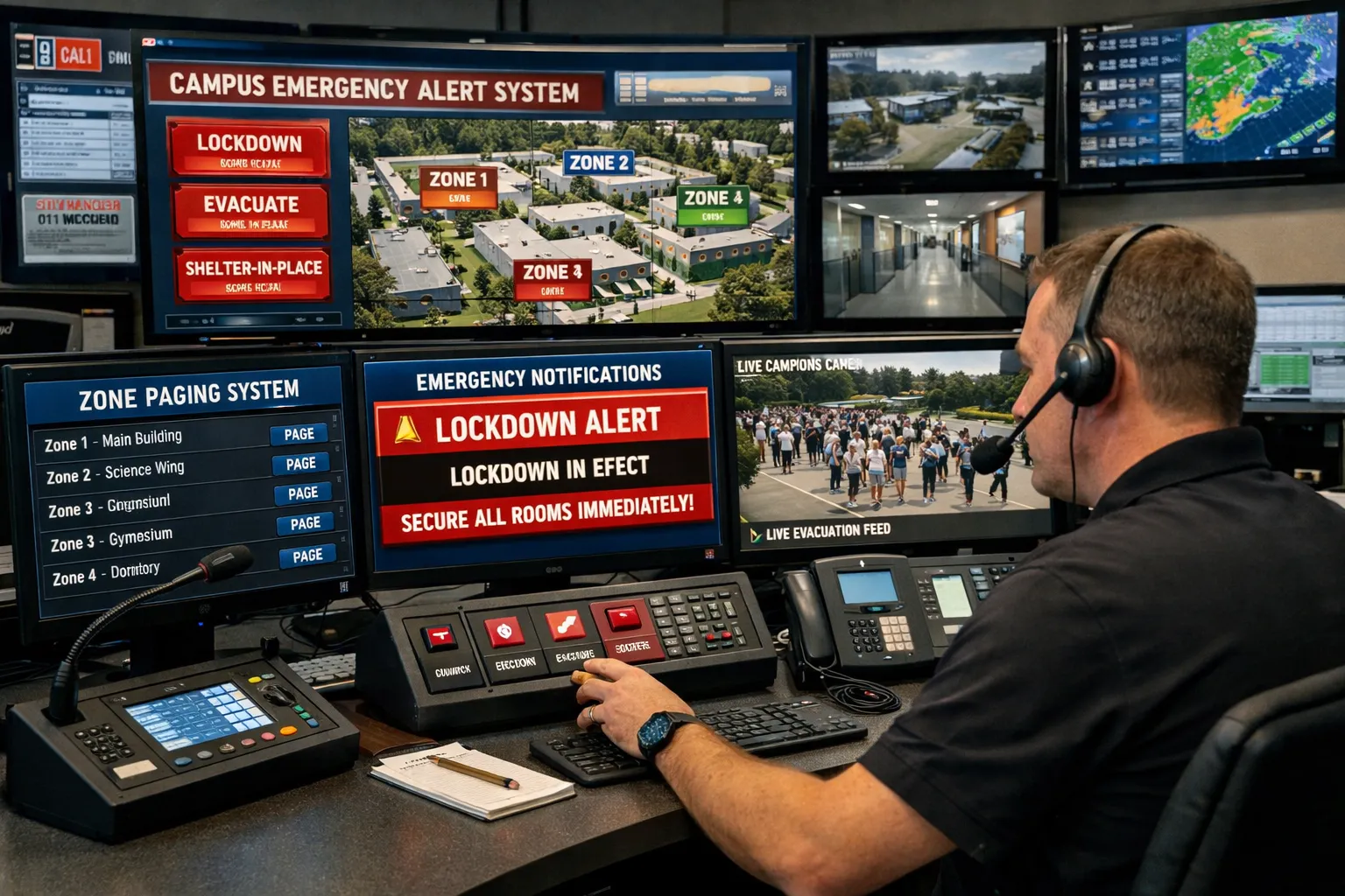 Campus control center operating school emergency notification and zone paging across the campus