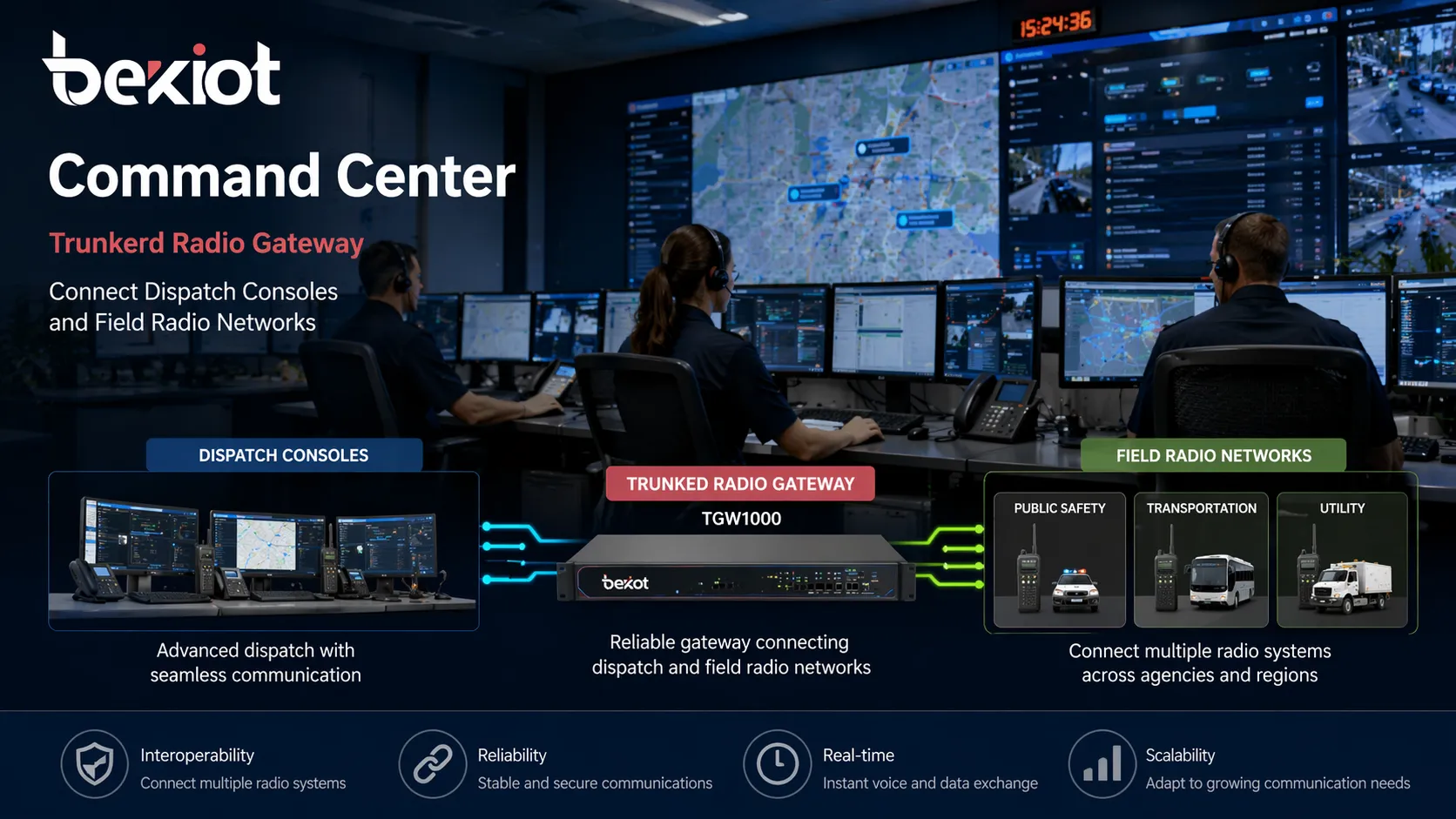 Command center using a RoIP gateway to connect dispatch consoles and field radio networks