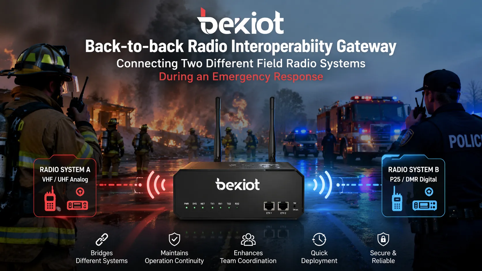 Back-to-back RoIP gateway connecting two different field radio systems during an emergency response