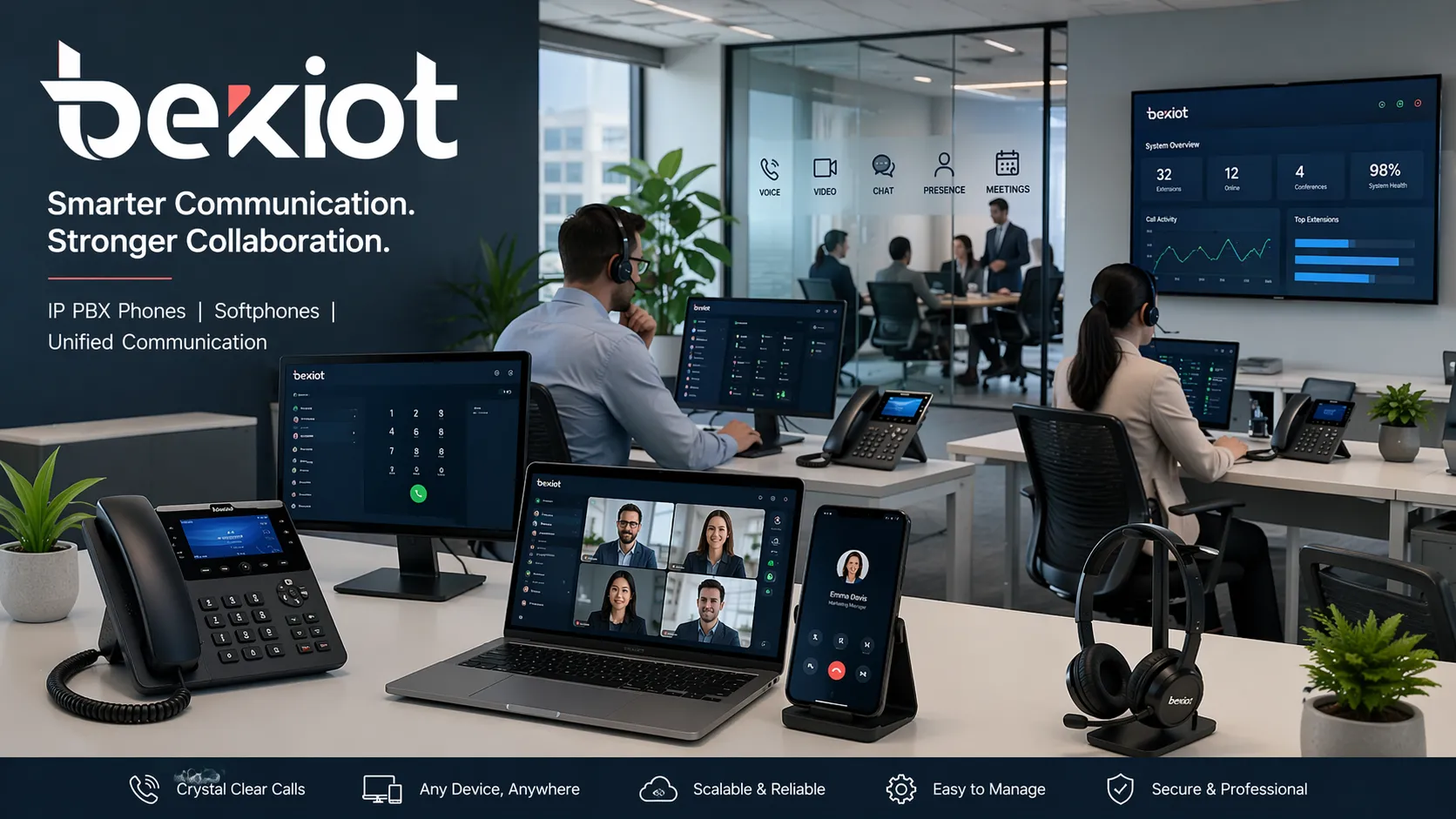 Modern business office using IP PBX phones softphones and unified communication tools