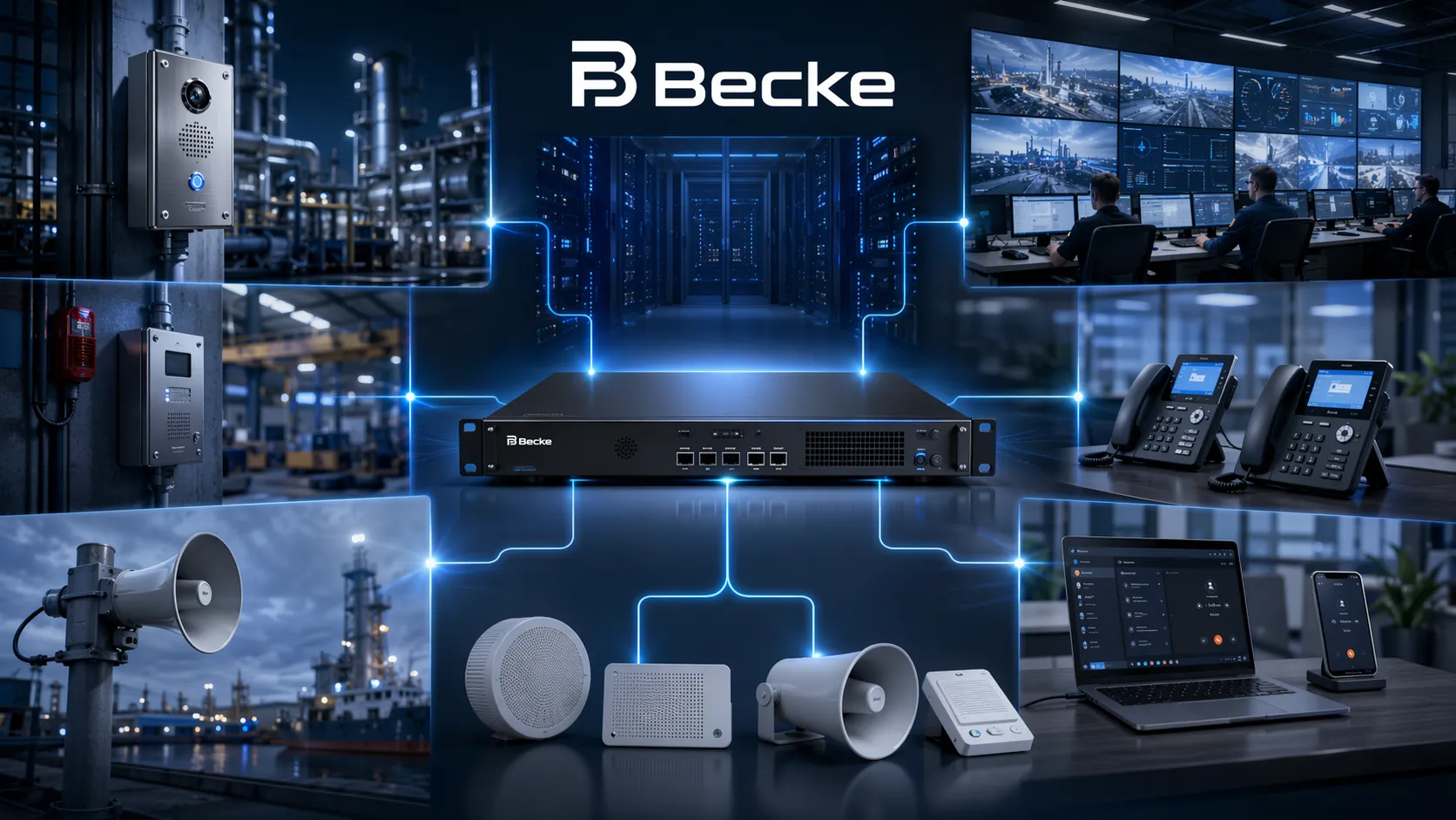 Becke industrial IPPBX software connecting office extensions SIP intercoms paging devices and control room operators