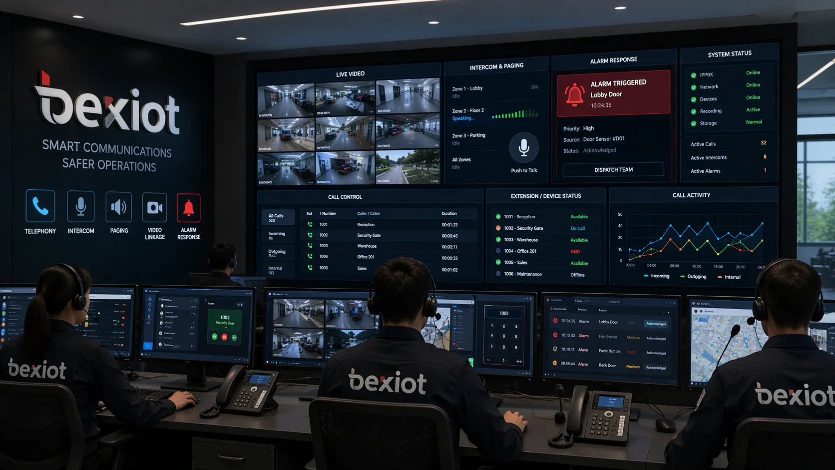 Control room using Becke IPPBX software for telephony intercom paging video linkage and alarm response