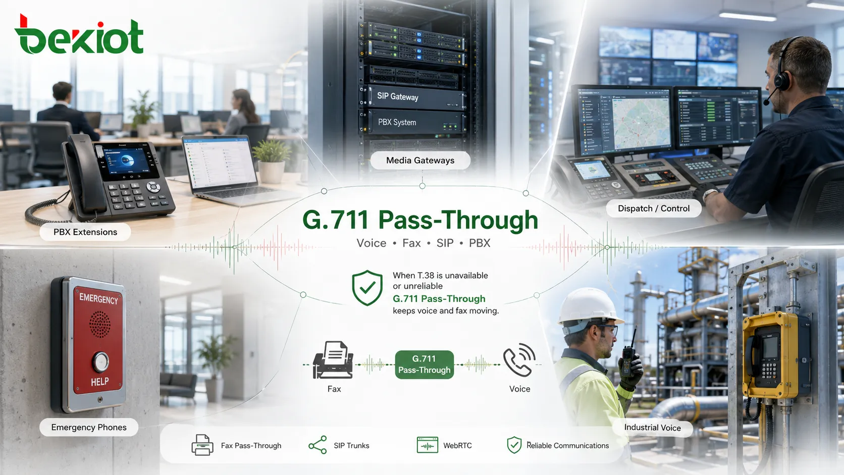 أجهزة طرفية للاتصالات المؤسسية والصناعية تستخدم G.711، بما في ذلك هواتف IP، وبوابات SIP، ووحدات تحكم الإرسال، ونقاط المساعدة، وأجهزة صوتية متصلة بمقاسم في بيئات المكاتب والميدان