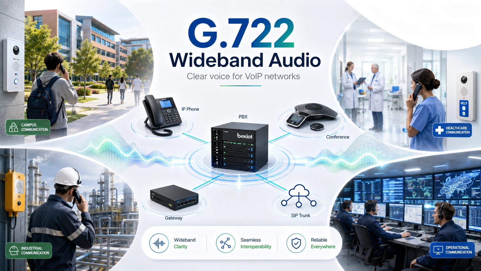 G.722 codec used in a VoIP network with IP phones, SIP trunks, conference devices, media gateways, and PBX servers