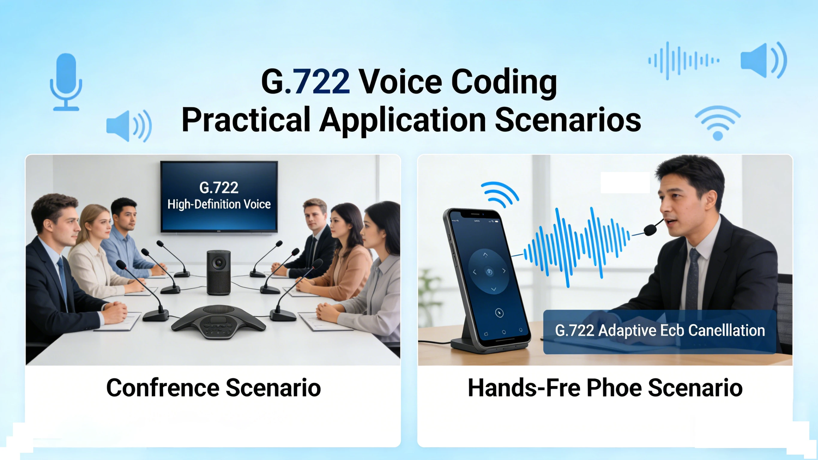 Conference phone using G.722 wideband audio to improve speech clarity in meeting rooms and business calls