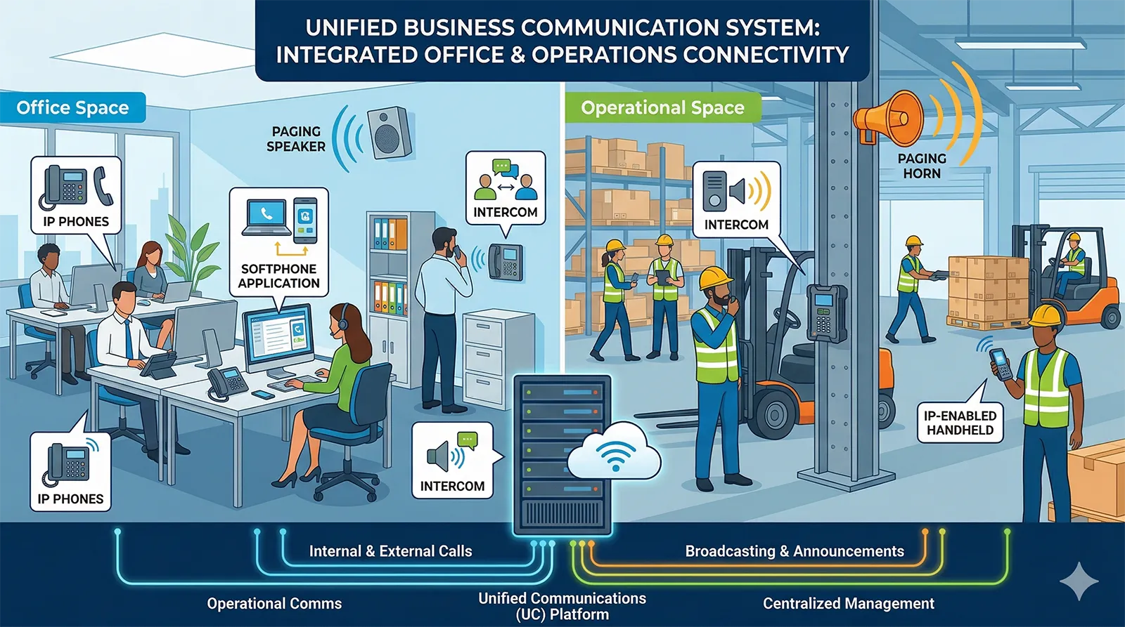 Business communication system combining IP phones softphones paging and intercom across office and operational spaces