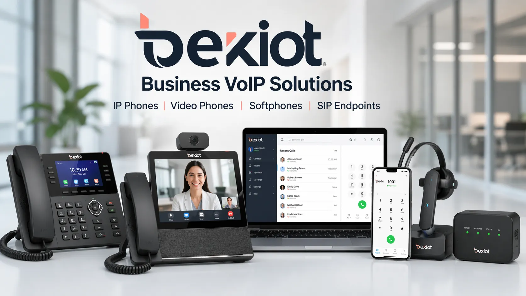 Business VoIP devices including desk IP phones video phones softphones and SIP communication endpoints