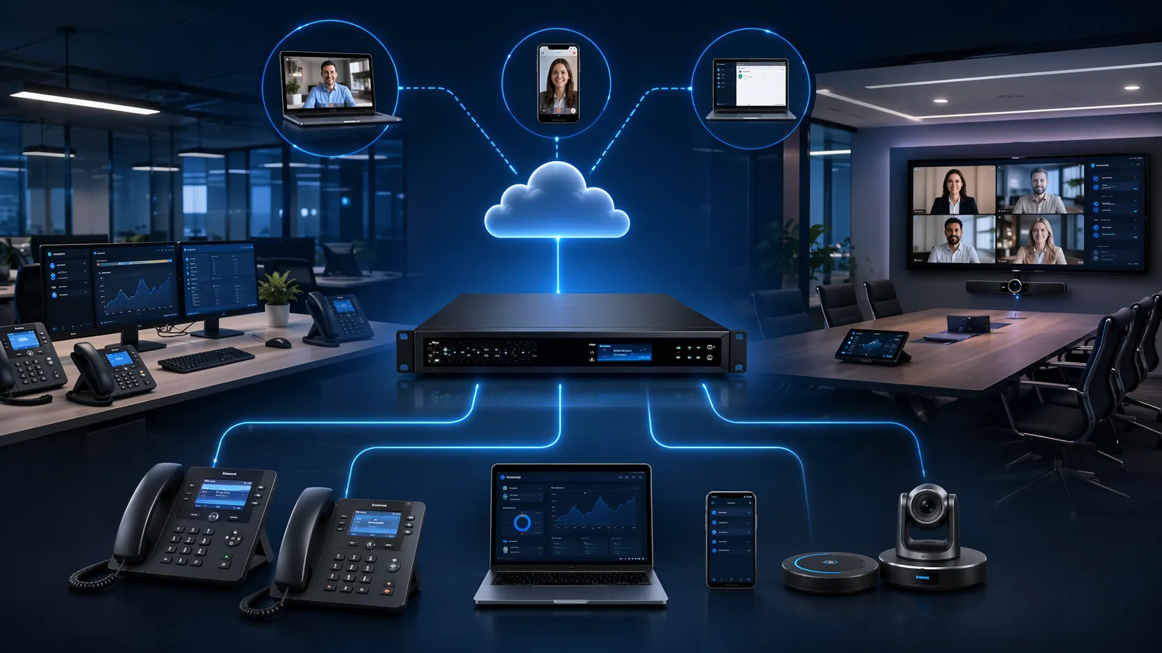 Grandstream built-in IP PBX connecting office phones, remote users, and business communication endpoints