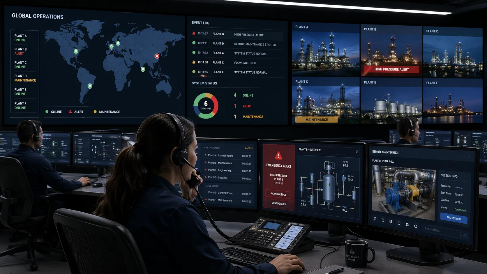 Control room staff managing industrial telephone calls emergency events and remote maintenance across multiple facility locations