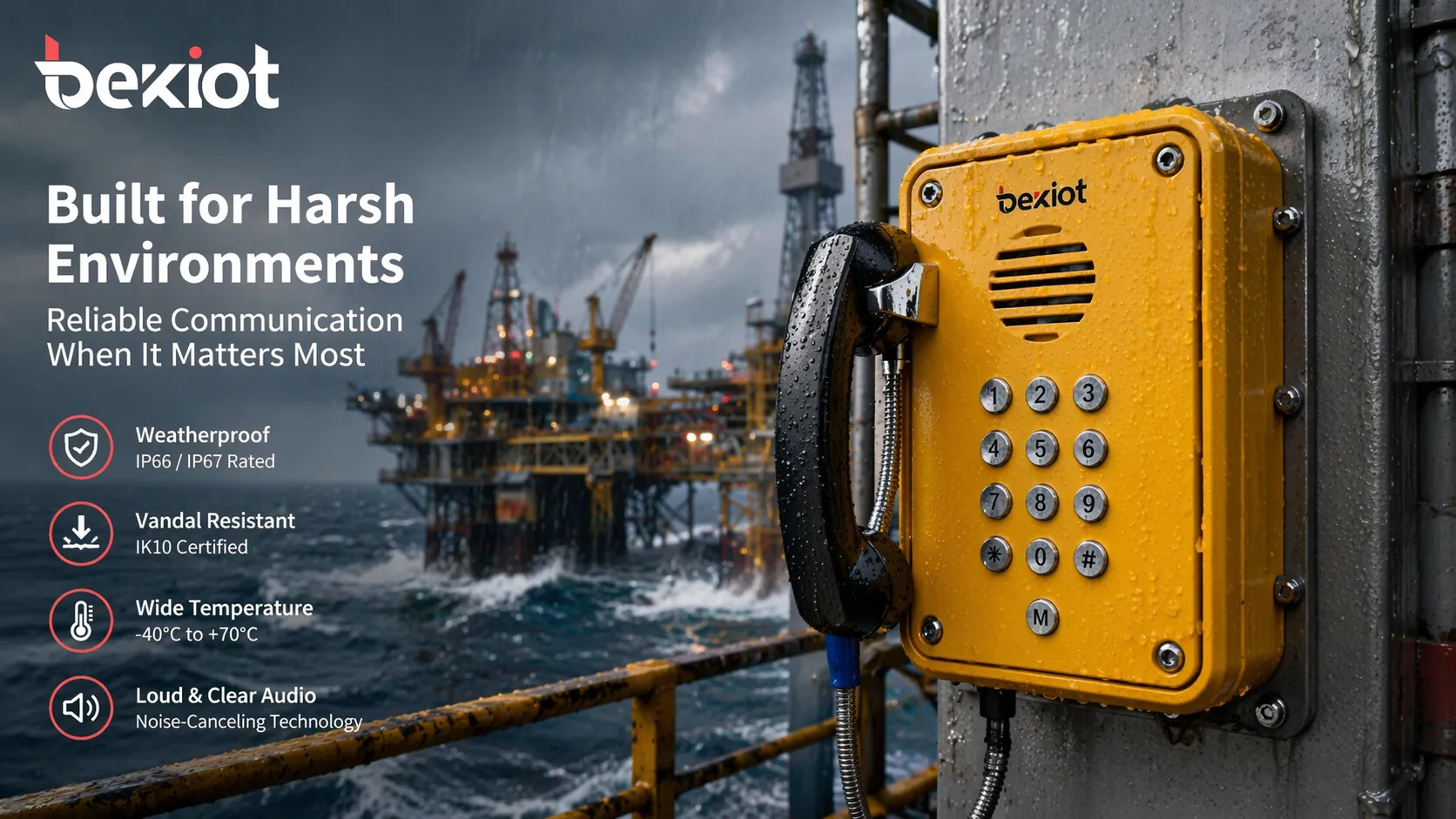 Industrial telephone installed in a harsh outdoor facility where reliability weather resistance and clear communication are essential
